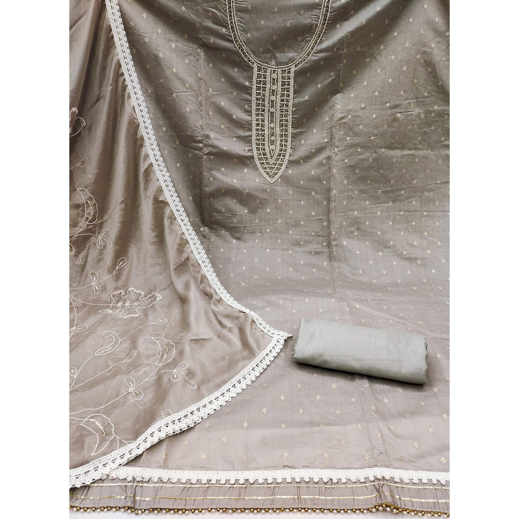 Grey Woven With Moti Handwork Chanderi Silk Dress Material