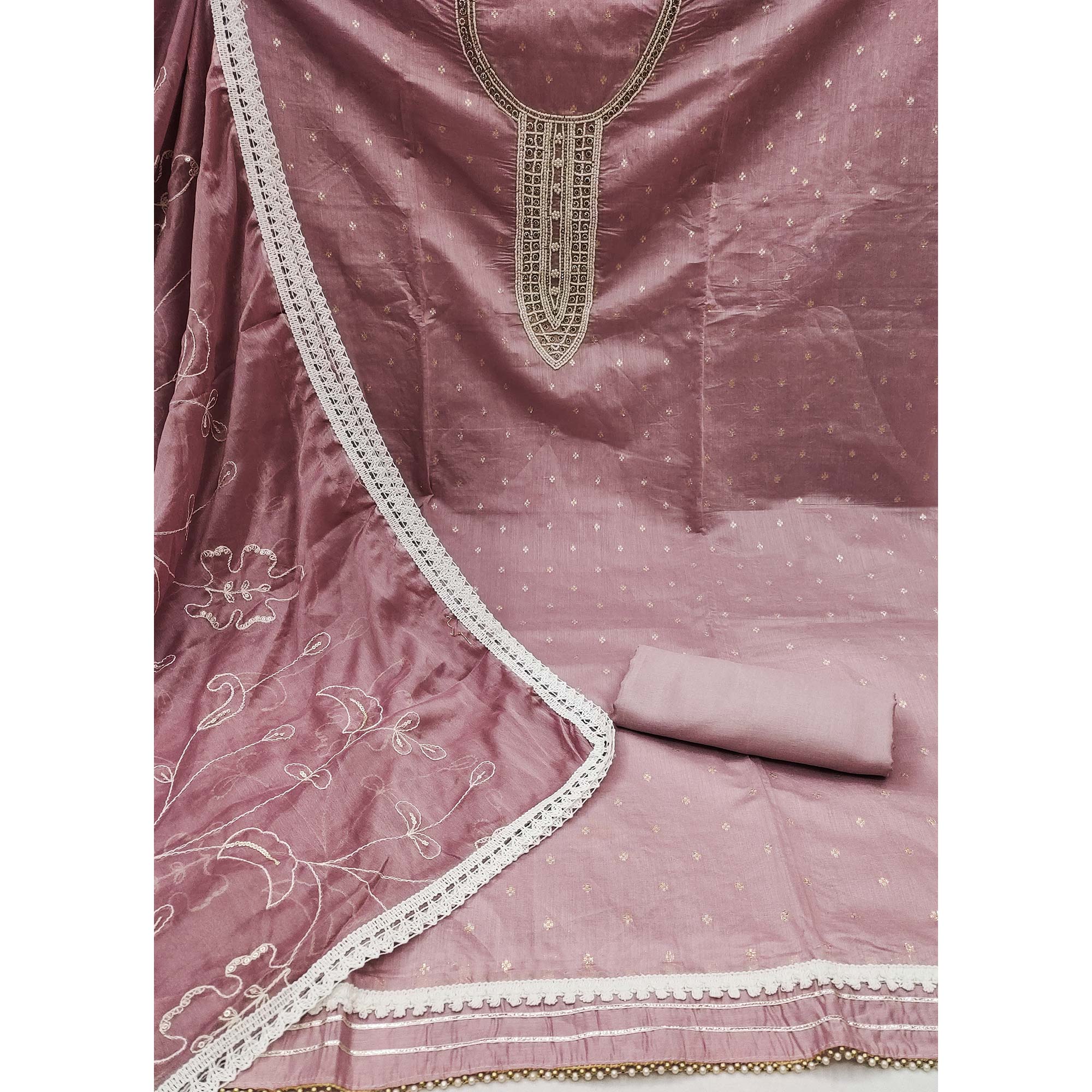 Mauve Woven With Moti Handwork Chanderi Silk Dress Material