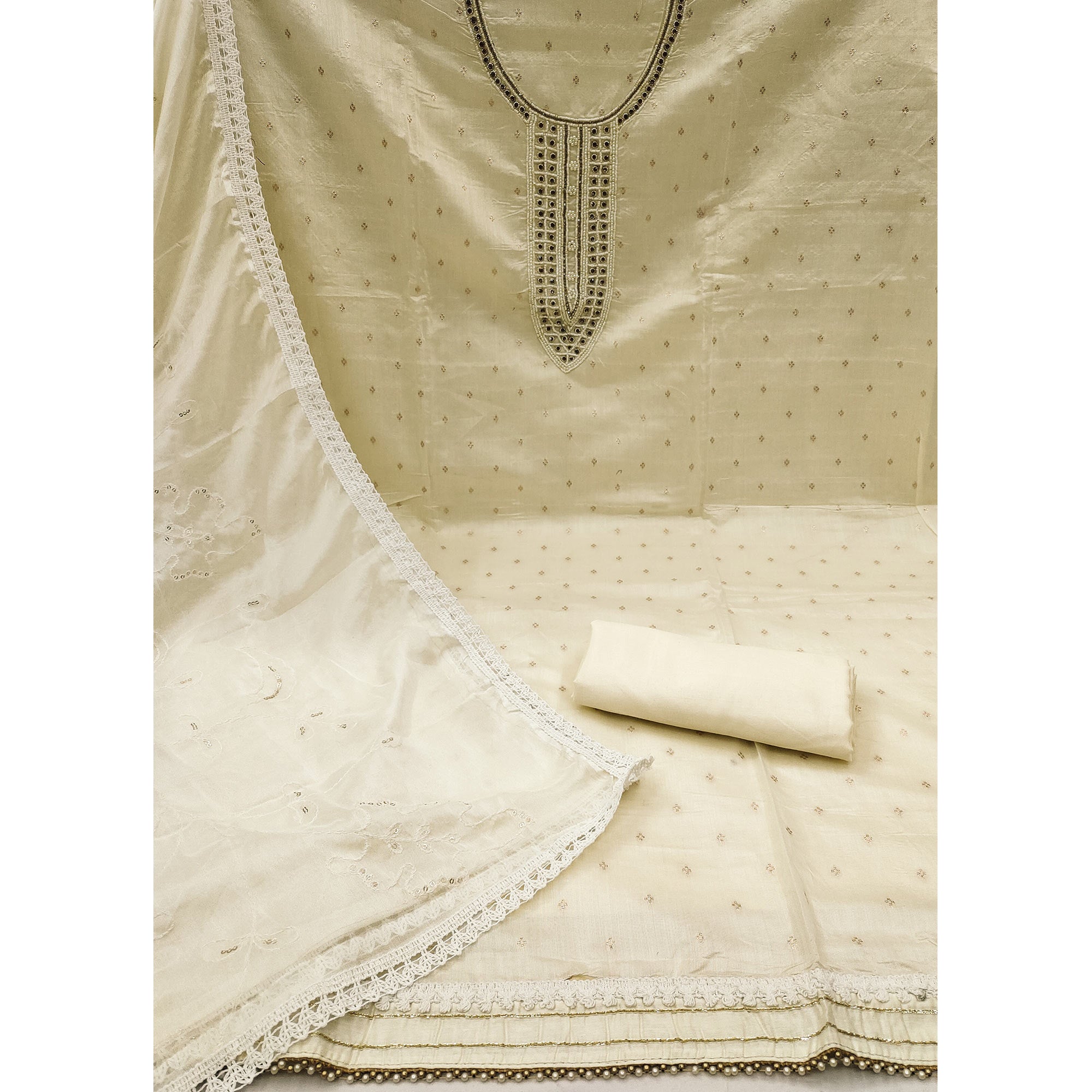 Off White Woven With Moti Handwork Chanderi Silk Dress Material