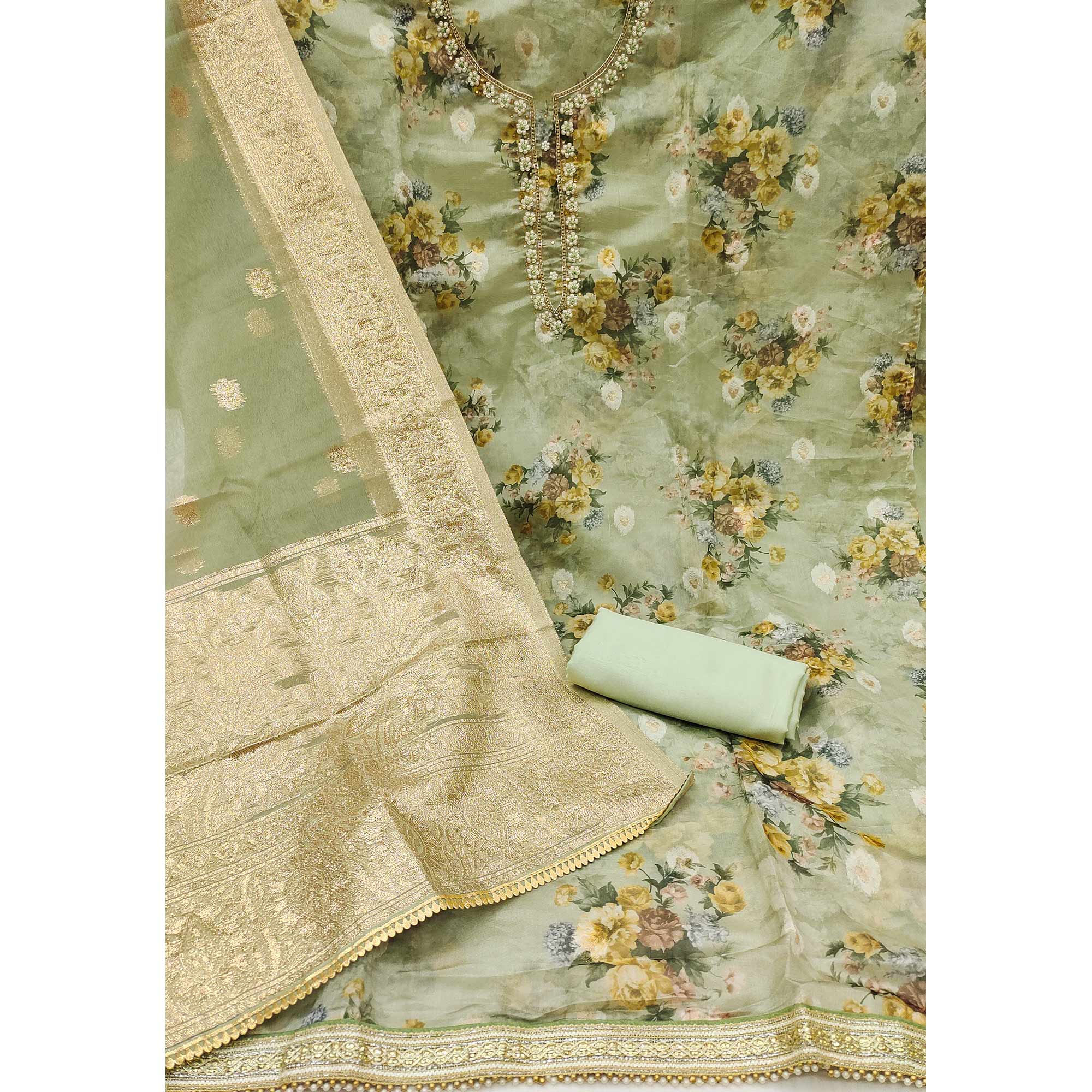 Green Floral Digital Printed With Handwork Organza Dress Material