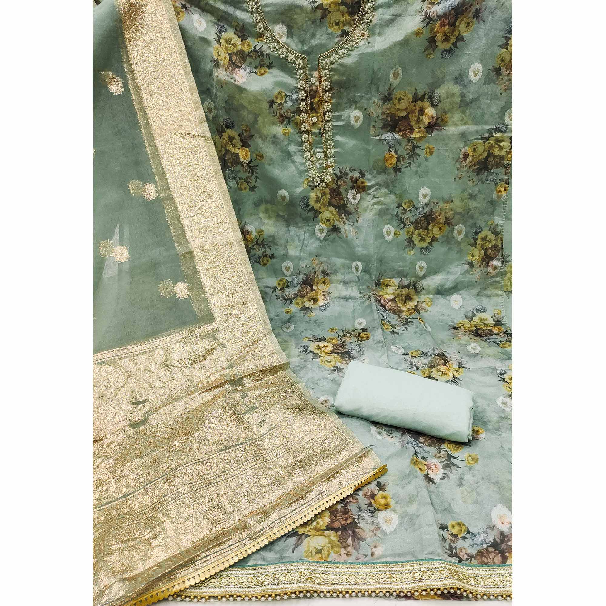 Turquoise Floral Digital Printed With Handwork Organza Dress Material