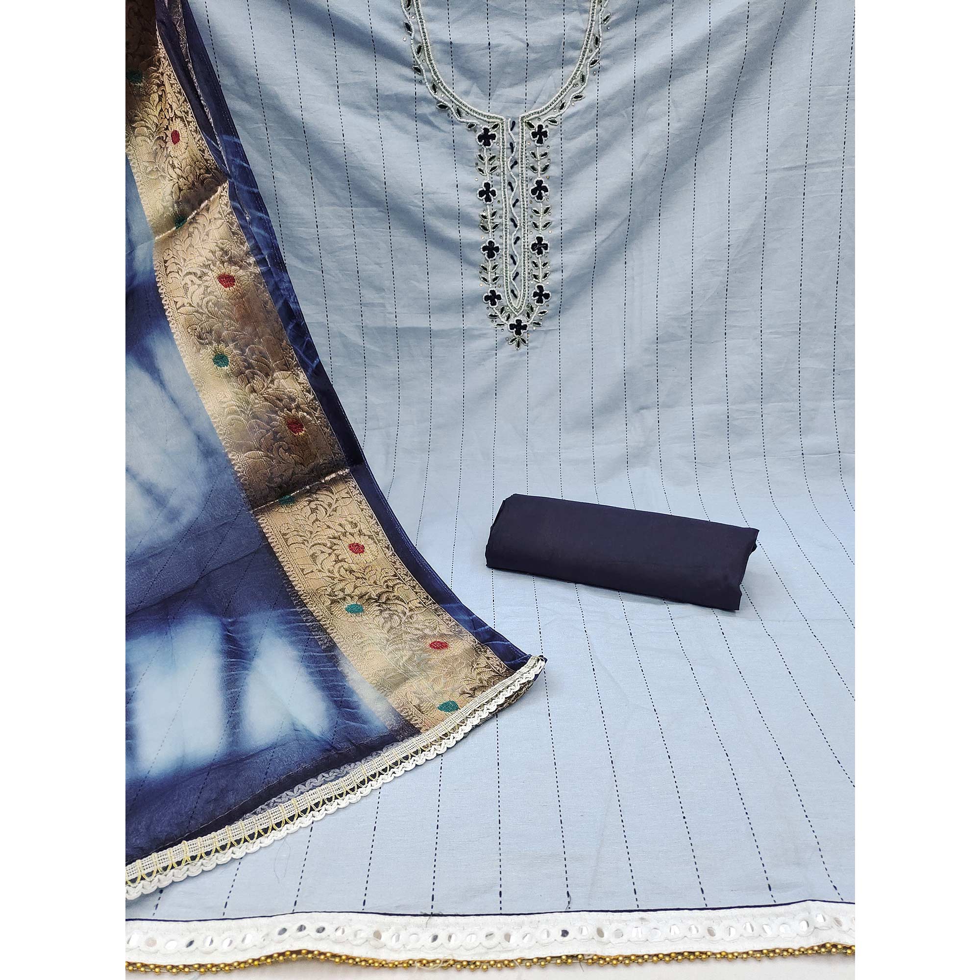 Blue Embroidered With Handwork Cotton Blend Dress Material