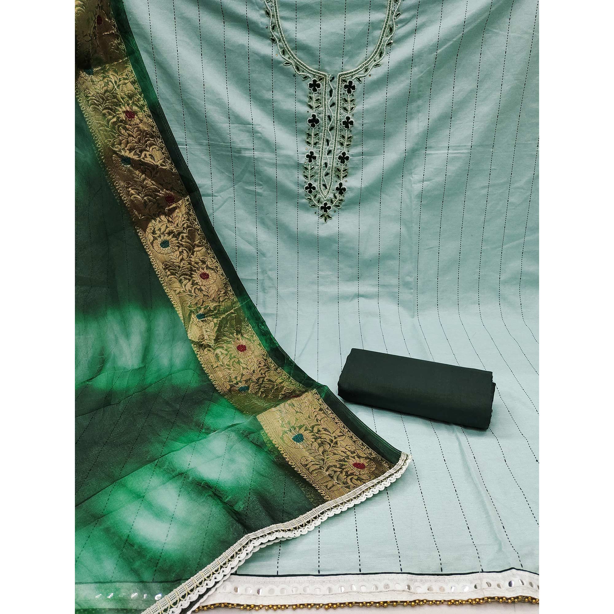 Green Embroidered With Handwork Cotton Blend Dress Material