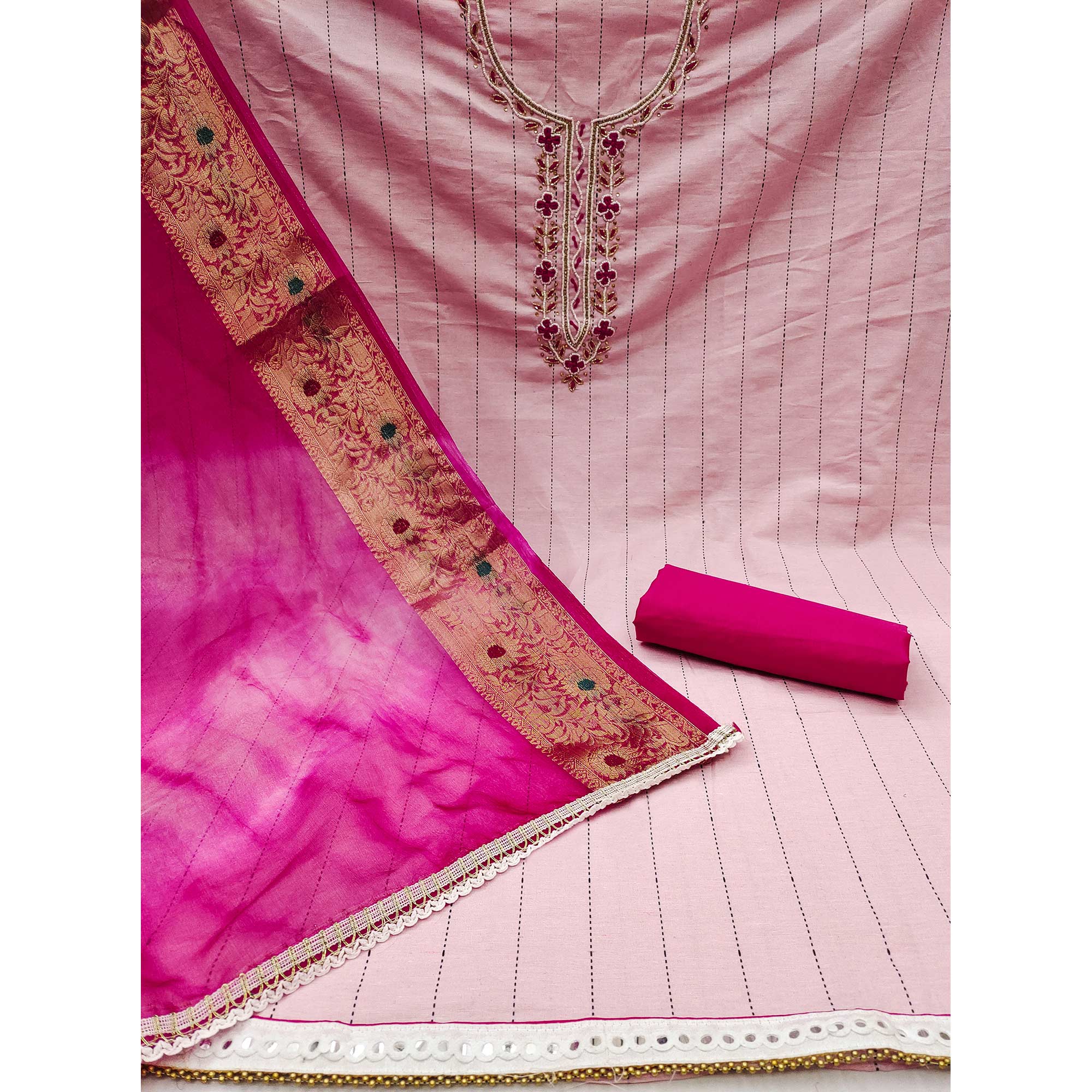 Pink Embroidered With Handwork Cotton Blend Dress Material