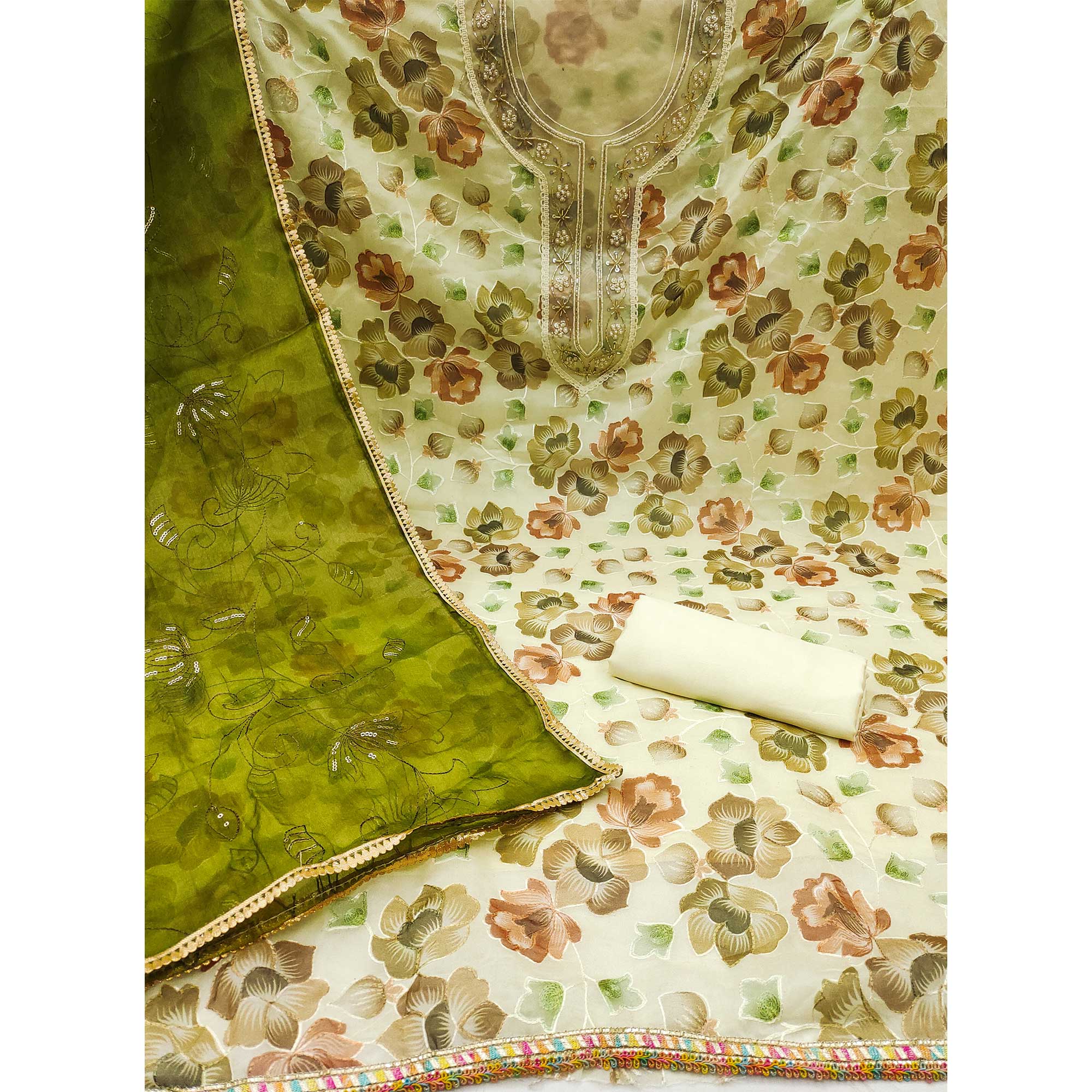 Cream Floral Embroidered With Printed Organza Dress Material