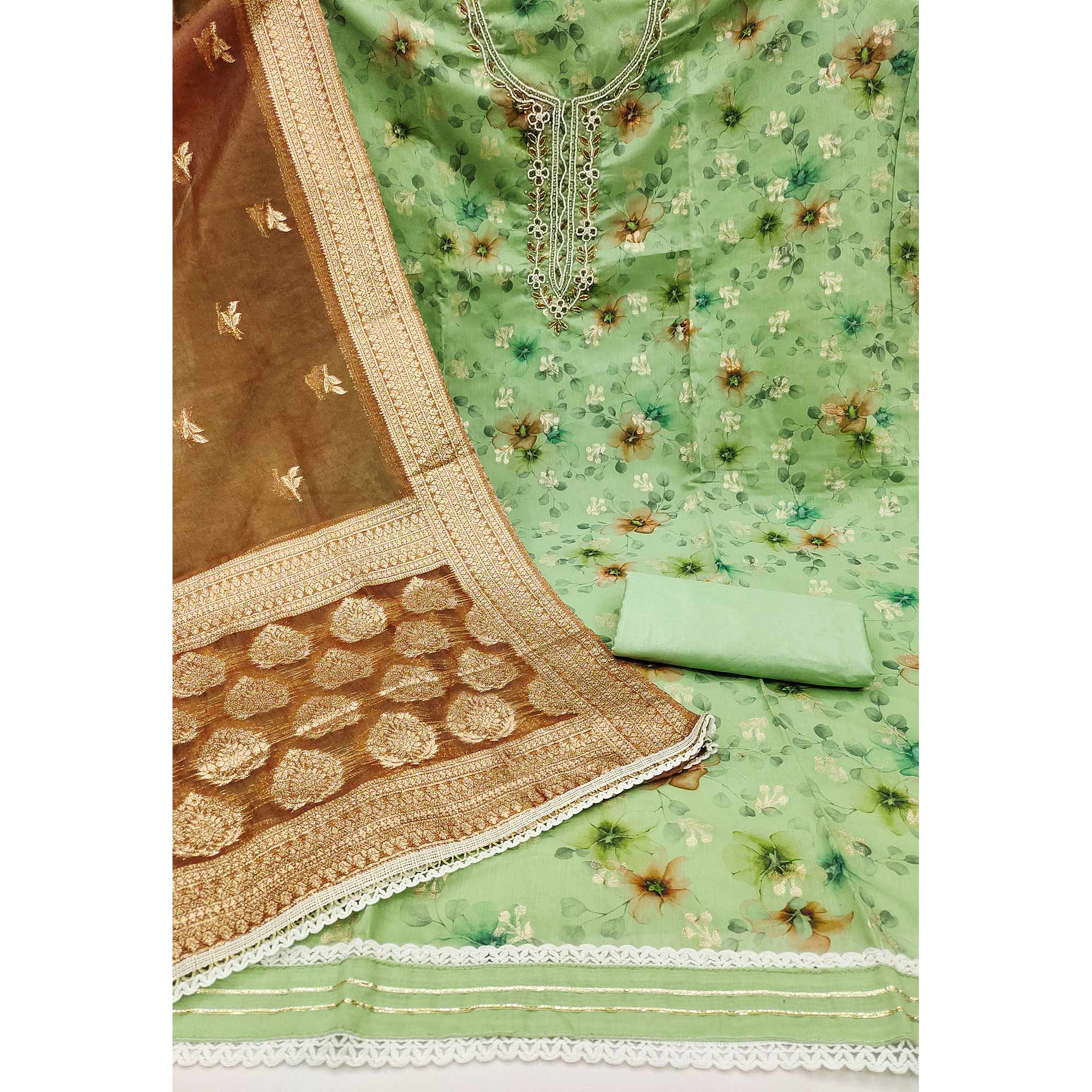 Green Floral Digital Printed With Woven Chanderi Silk Dress Material