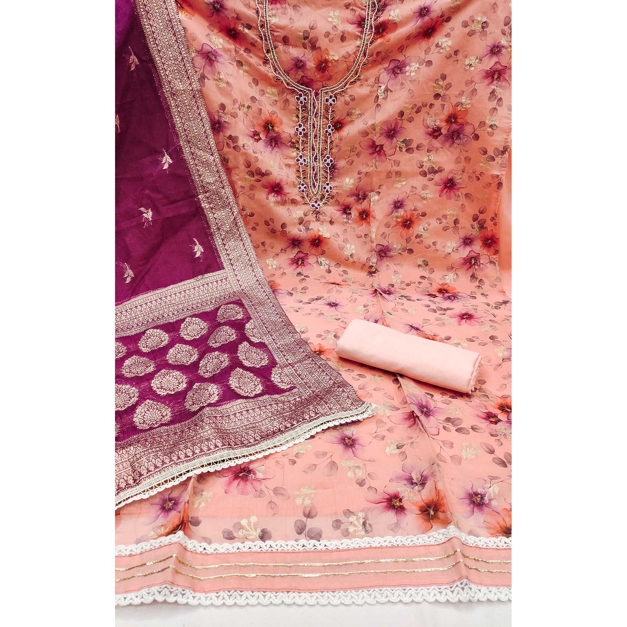 Peach Floral Digital Printed With Woven Chanderi Silk Dress Material