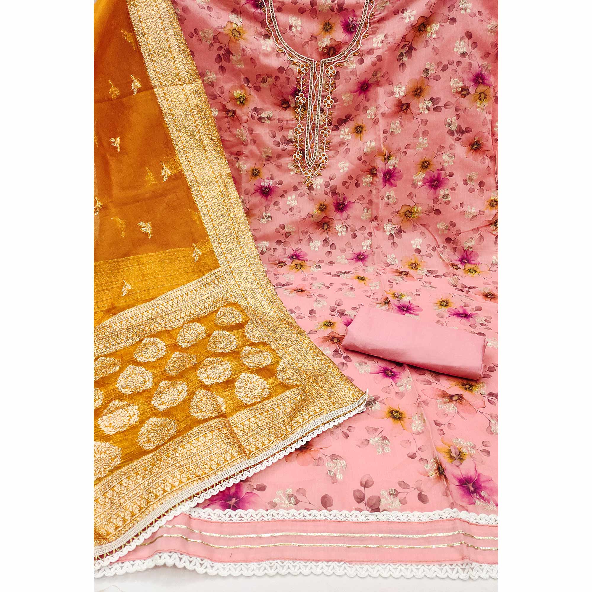 Pink Floral Digital Printed With Woven Chanderi Silk Dress Material