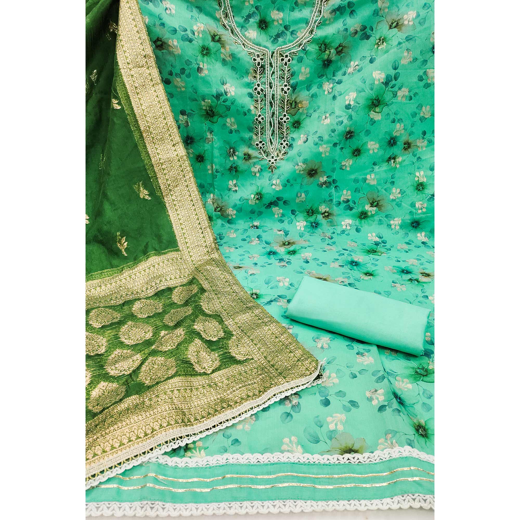 Turquoise Floral Digital Printed With Woven Chanderi Silk Dress Material