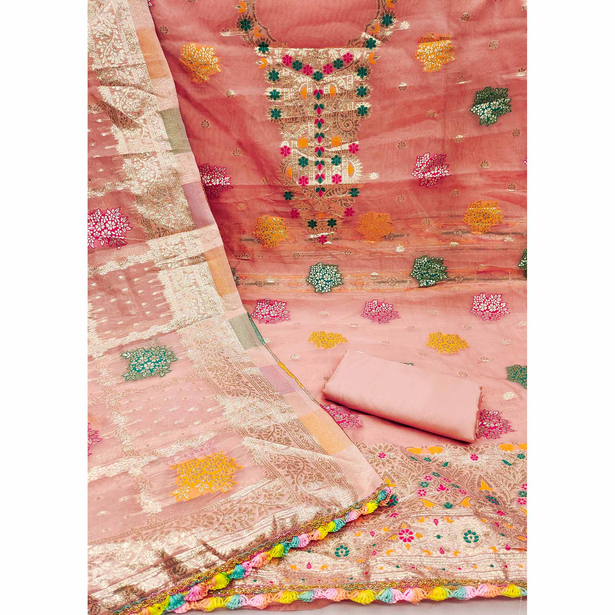 Peach Floral Woven Organza Dress Material