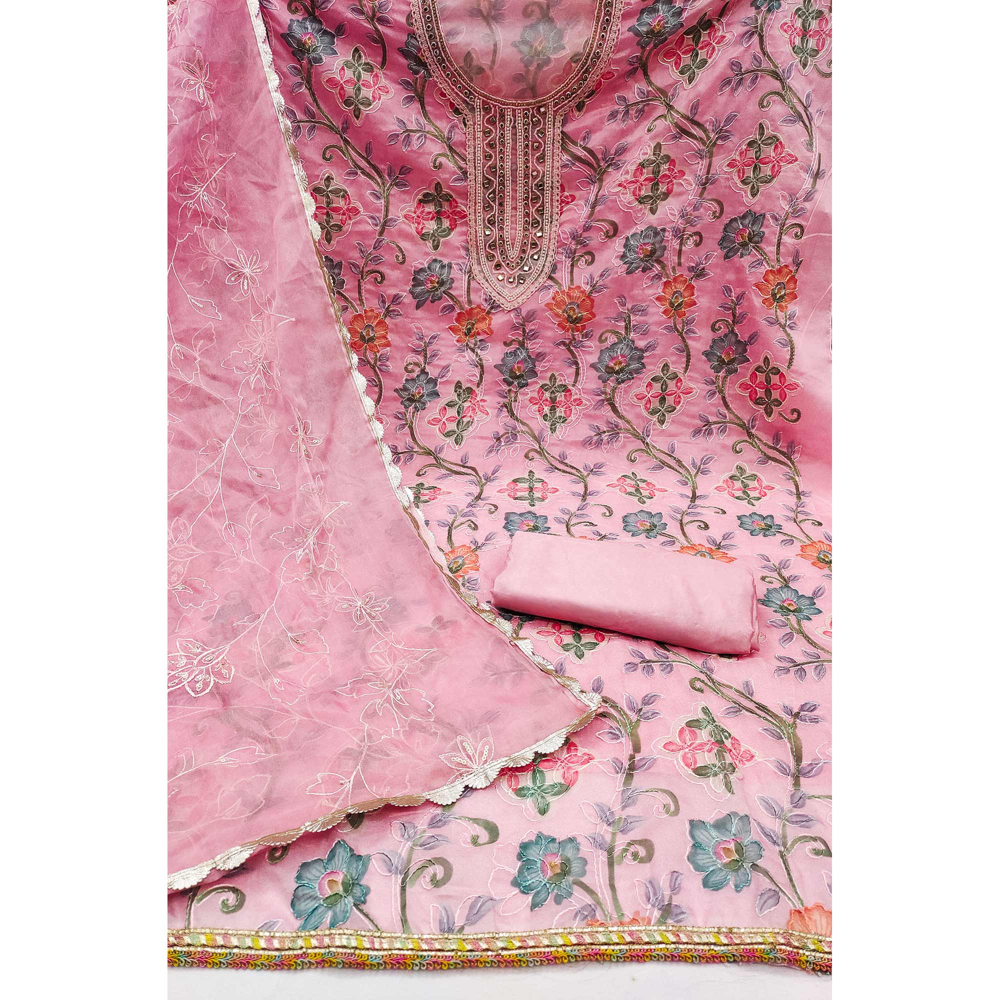 Pink Floral Printed Organza Dress Material