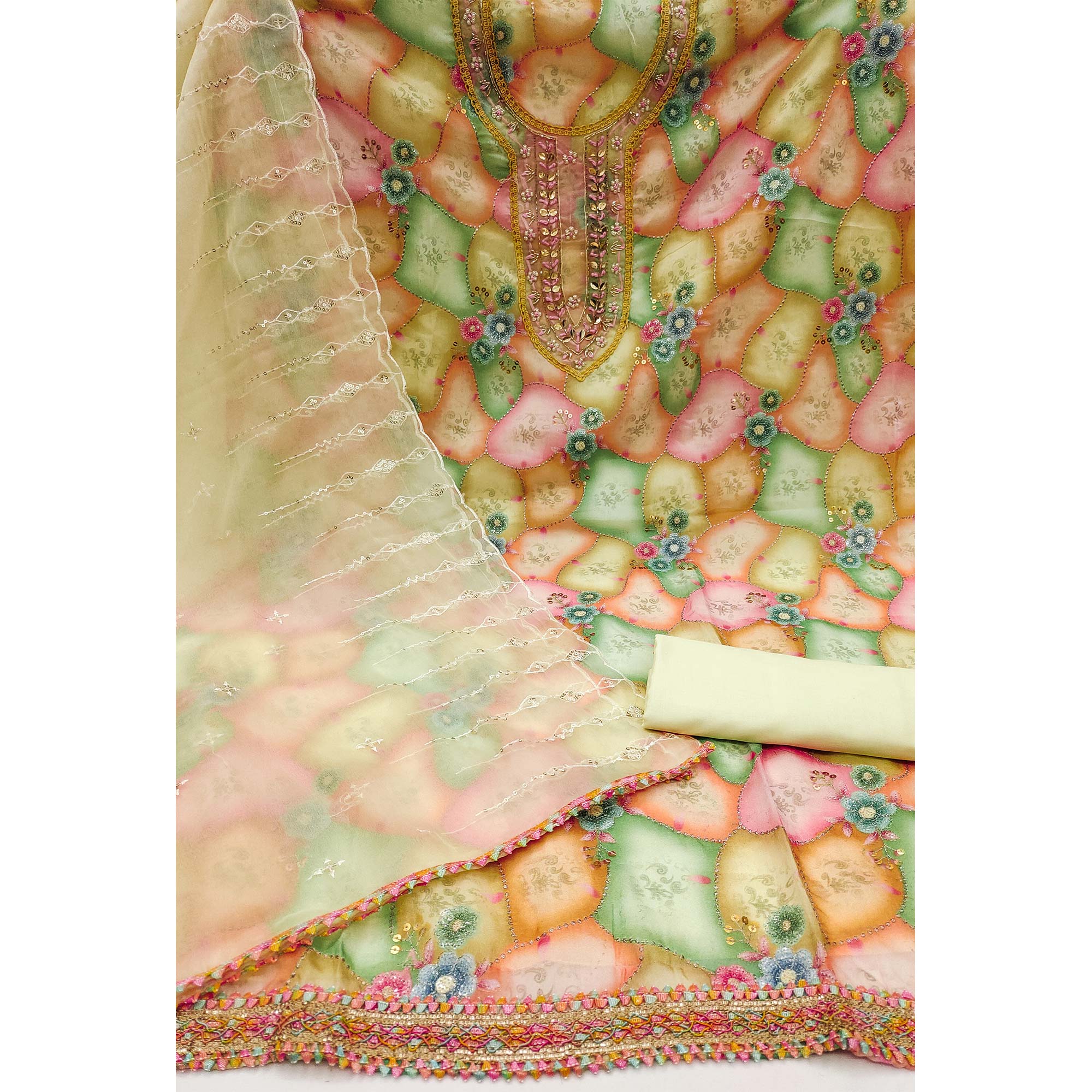 Cream Floral Printed Organza Dress Material
