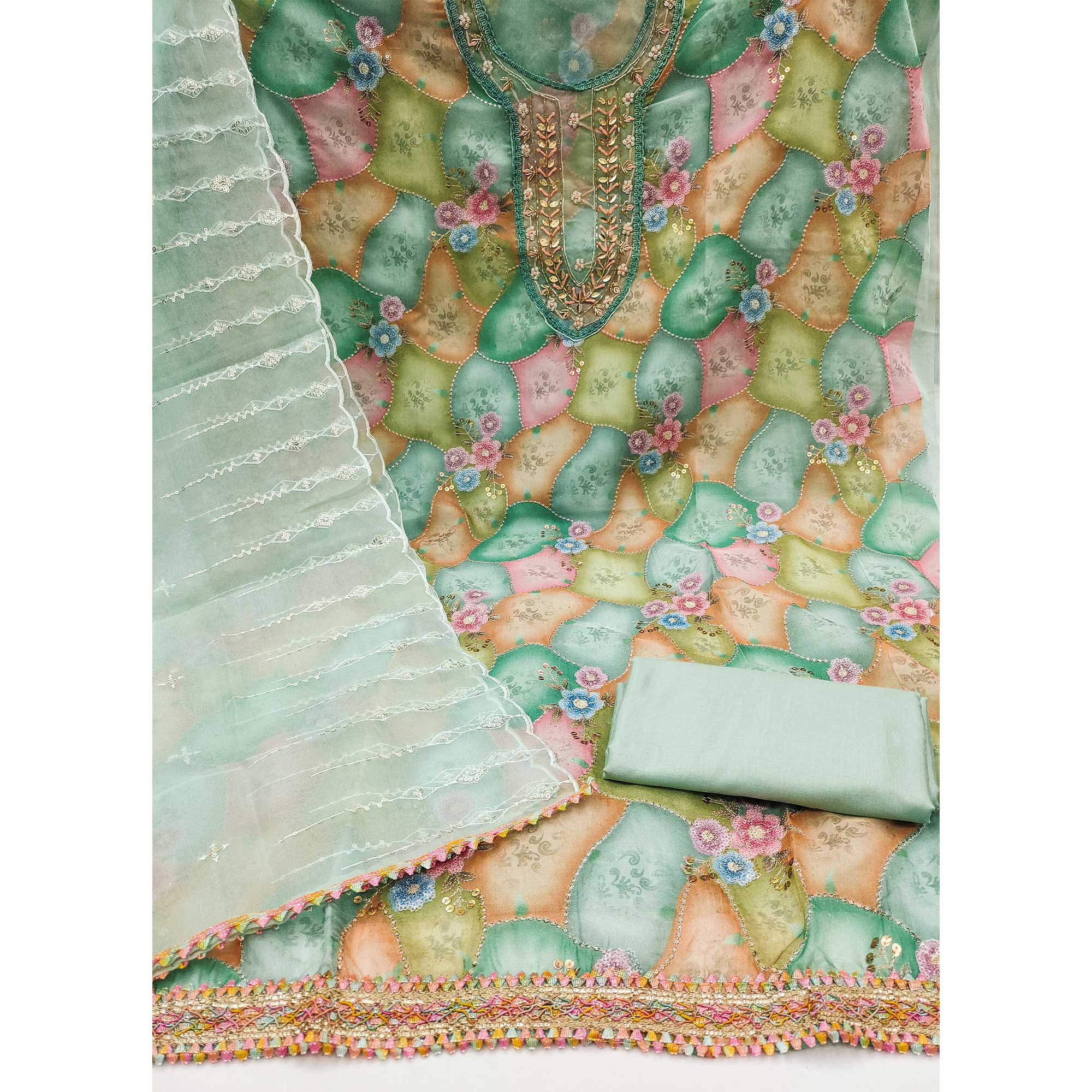 Green Floral Printed Organza Dress Material