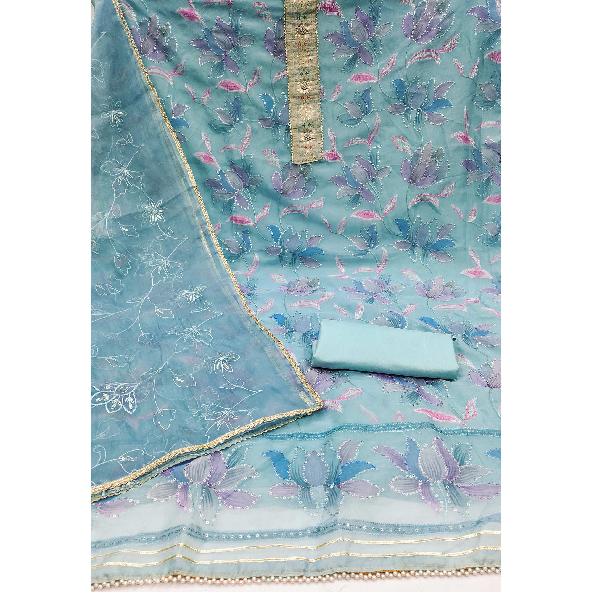Blue Floral Printed Organza Dress Material