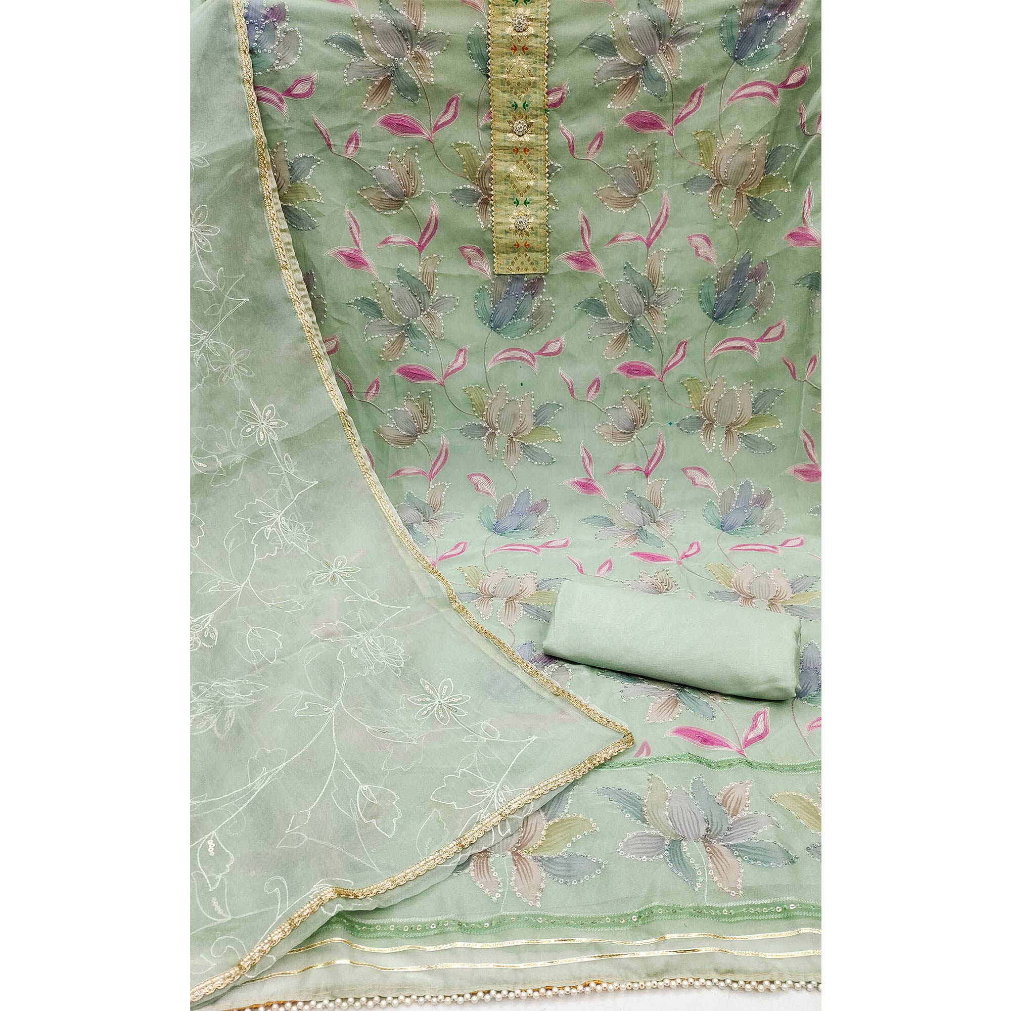 Green Floral Printed Organza Dress Material