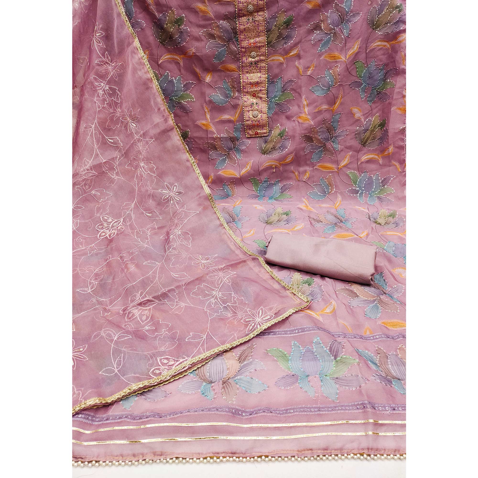 Mauve Floral Printed Organza Dress Material