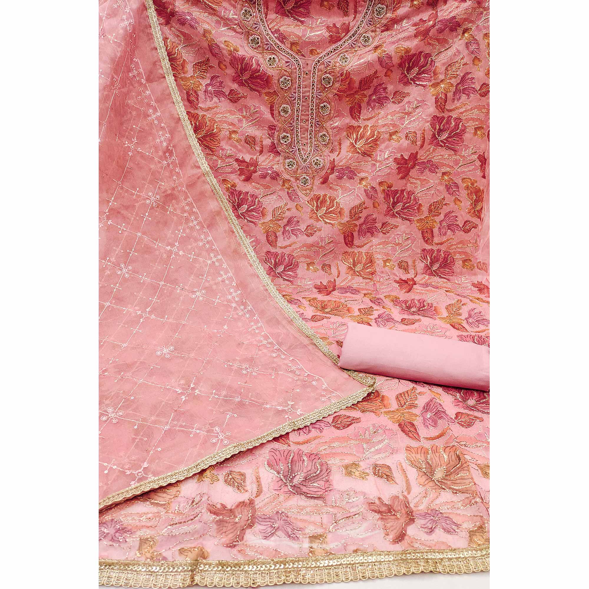 Peach Floral Printed Organza Dress Material