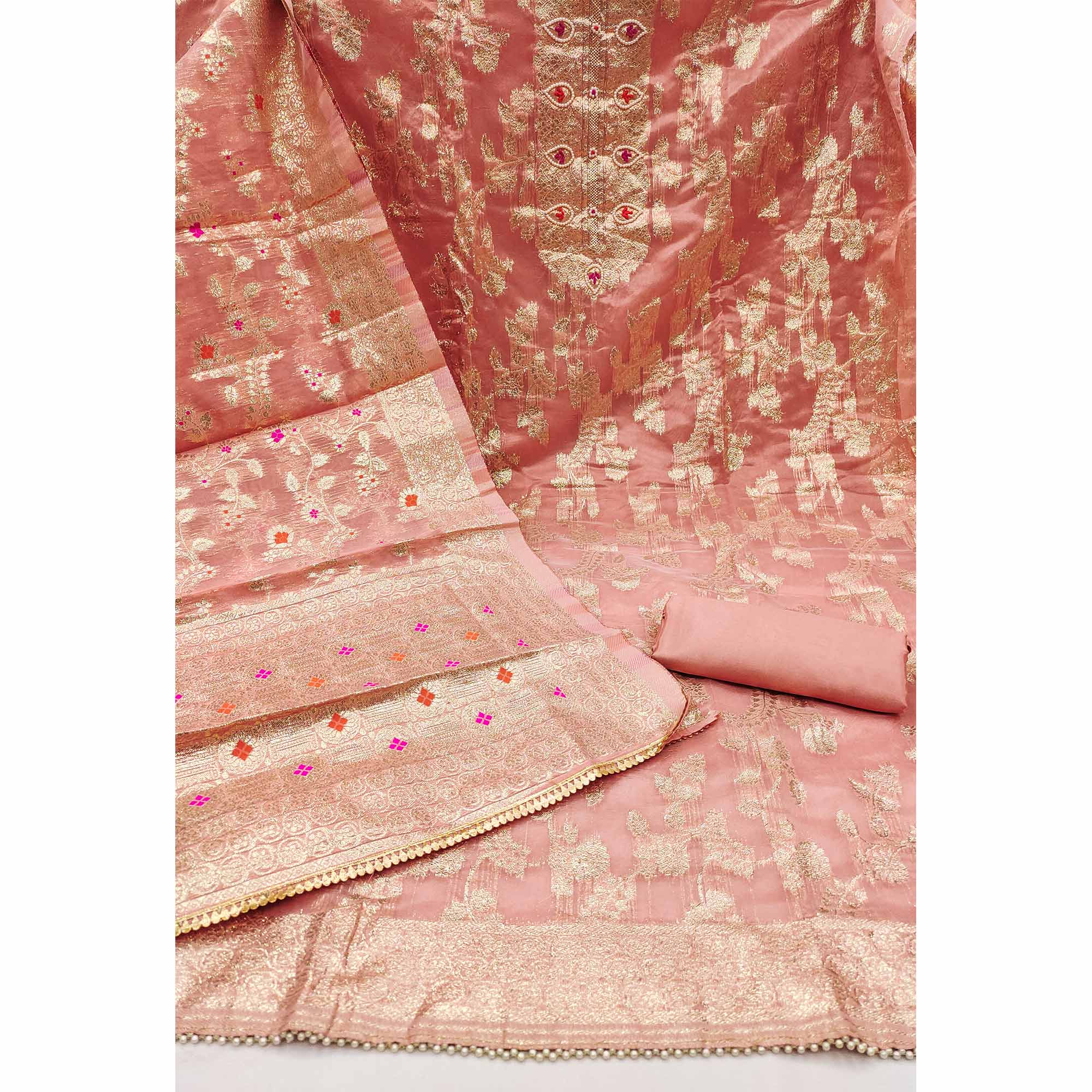 Peach Floral Woven Chanderi Silk Dress Material