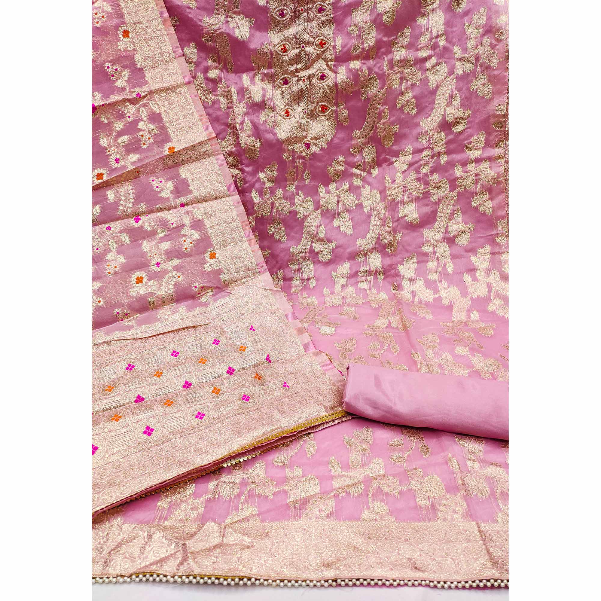 Pink Floral Woven Chanderi Silk Dress Material