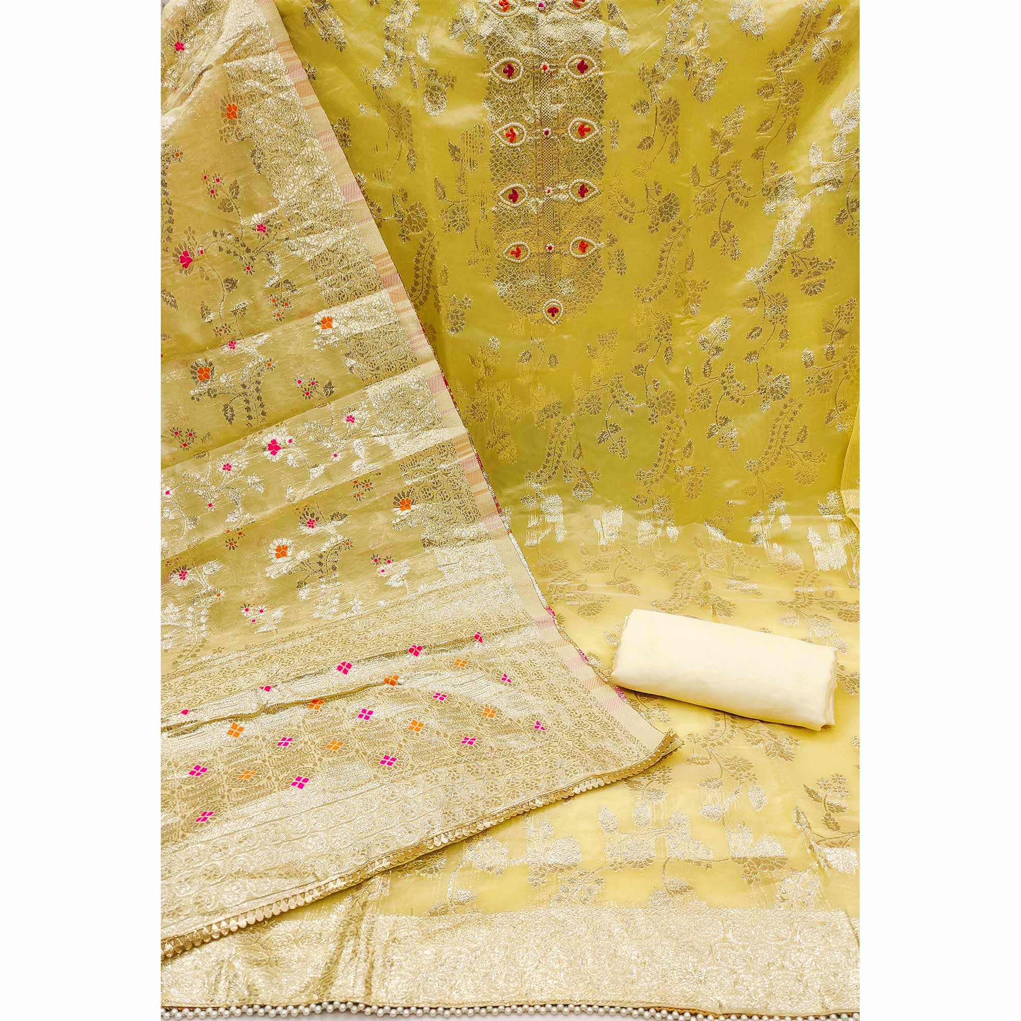 Yellow Floral Woven Chanderi Silk Dress Material