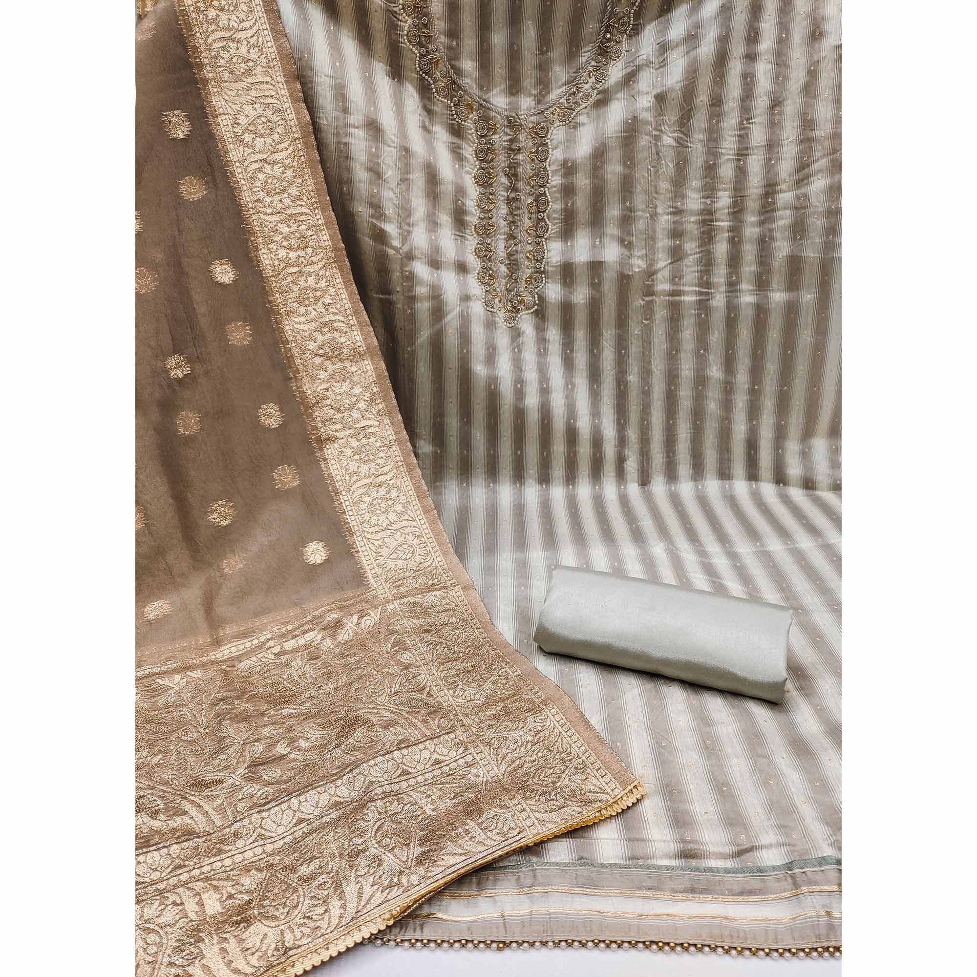 Grey Woven Banarasi Silk Dress Material