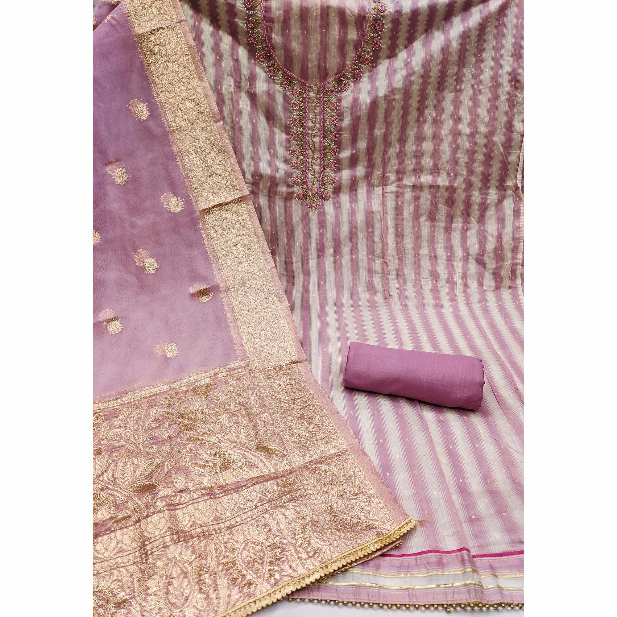 Pink Woven Banarasi Silk Dress Material