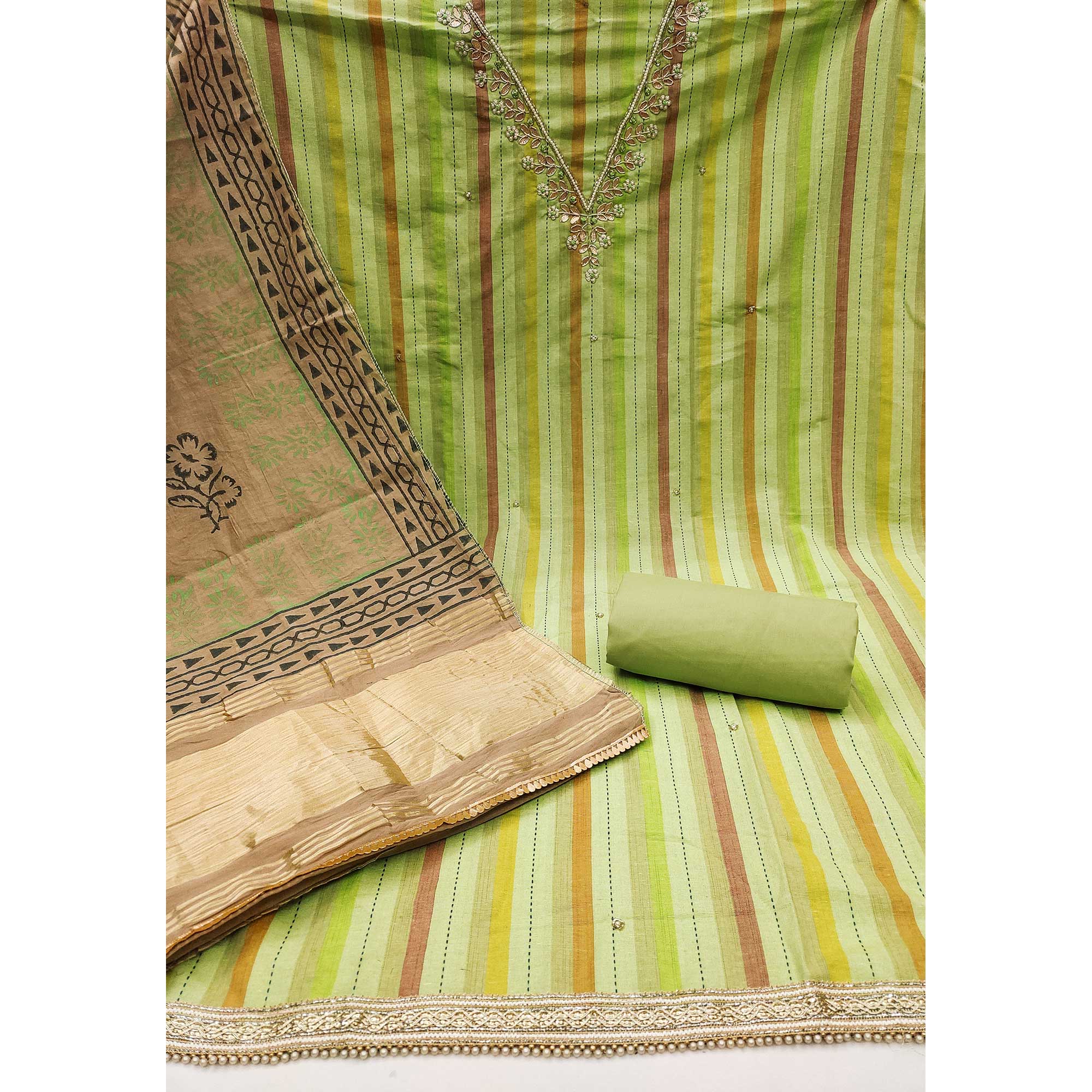 Green Striped Pure Cotton Dress Material