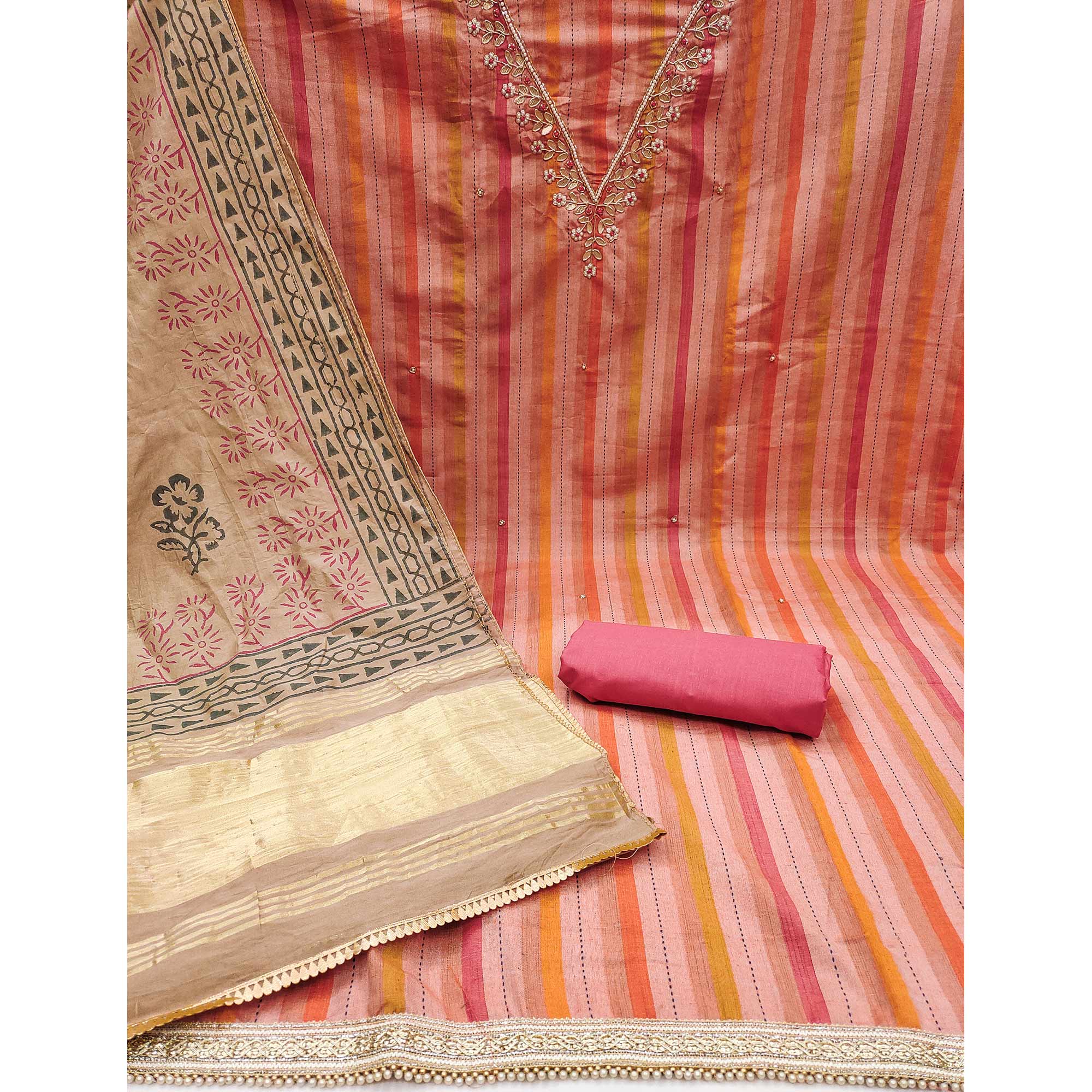 Red Striped Pure Cotton Dress Material