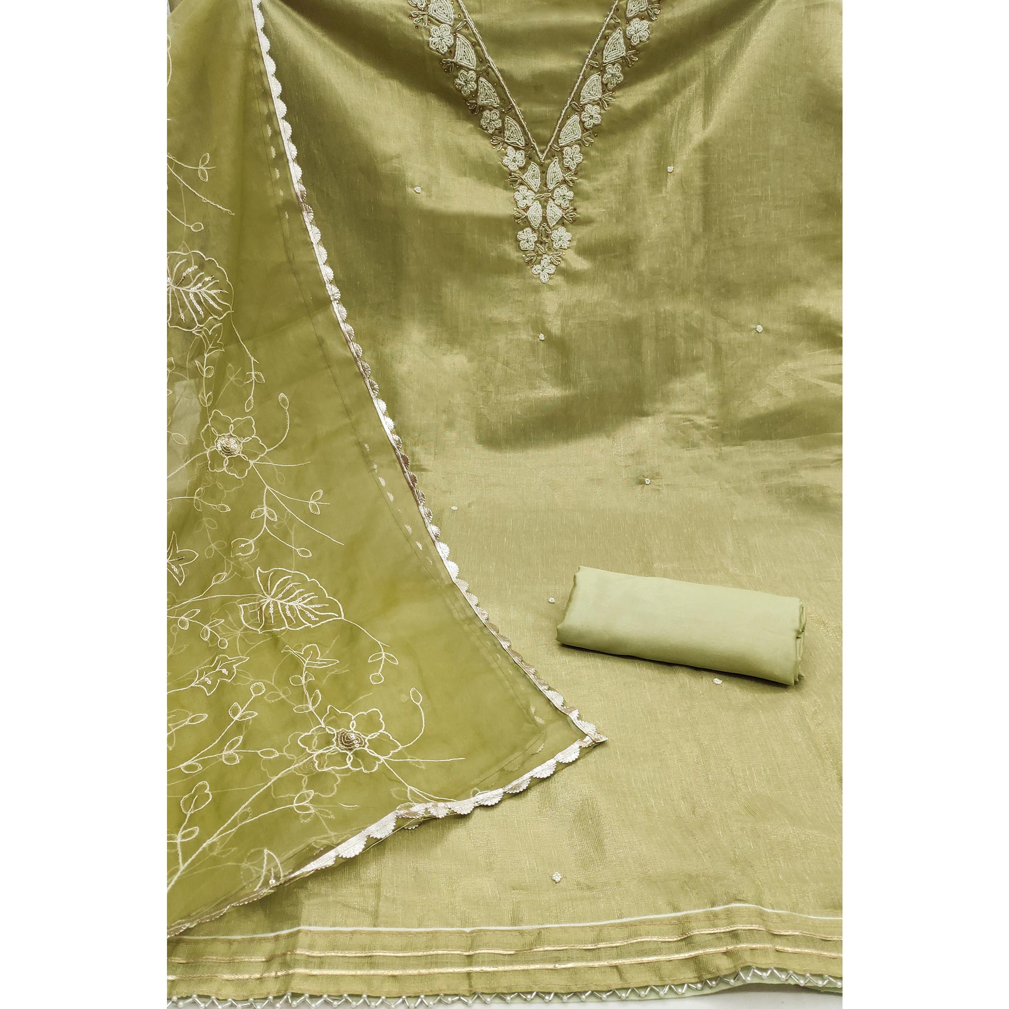Green Embroidered Moti Work Pure Cotton Dress Material