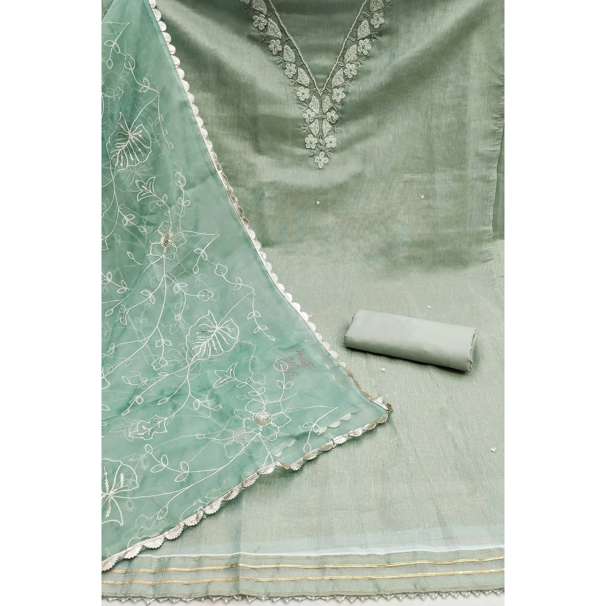 Sea Green Embroidered Moti Work Pure Cotton Dress Material