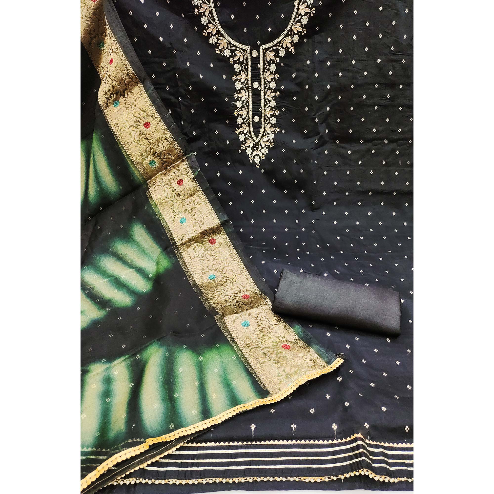 Black Woven With Handwork Chanderi Silk Dress Material