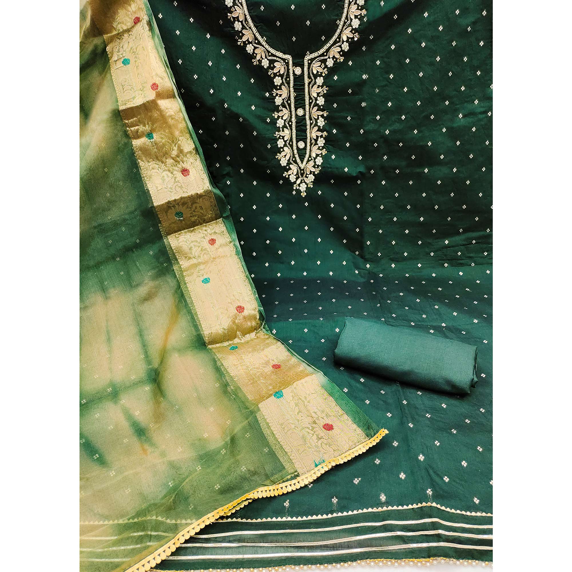 Green Woven With Handwork Chanderi Silk Dress Material