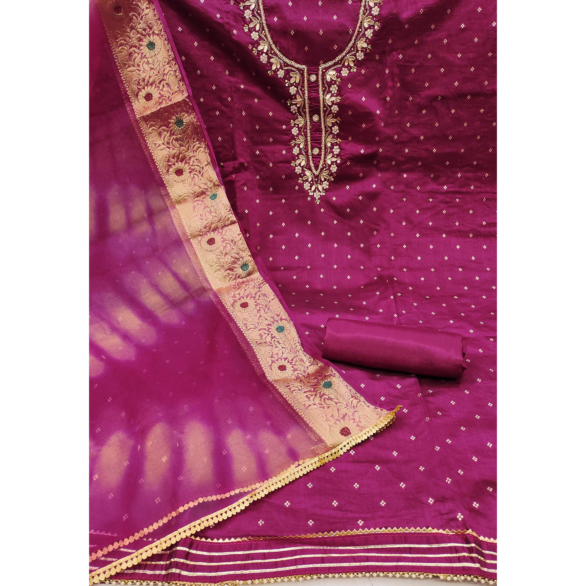 Magenta Woven With Handwork Chanderi Silk Dress Material