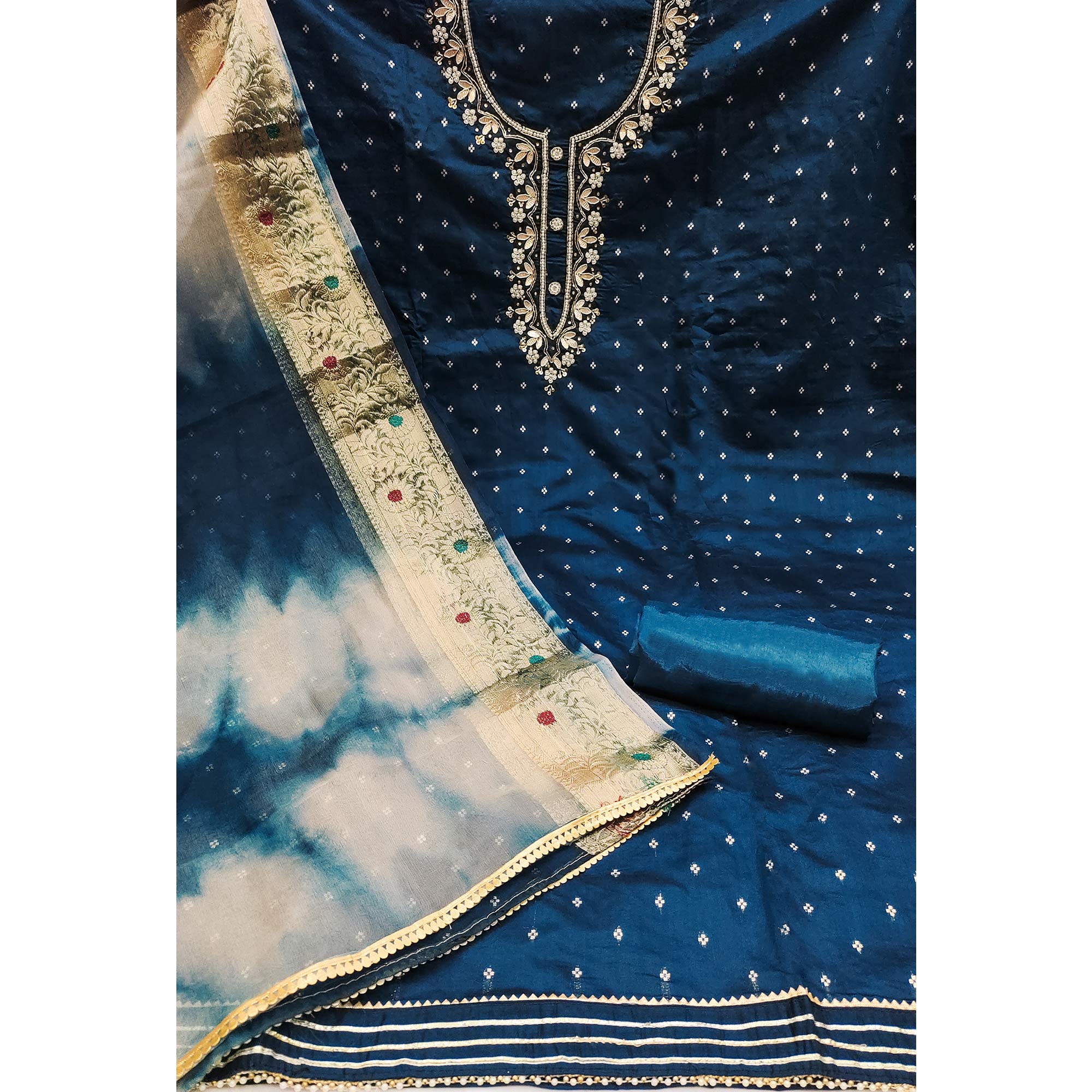Morpich Woven With Handwork Chanderi Silk Dress Material