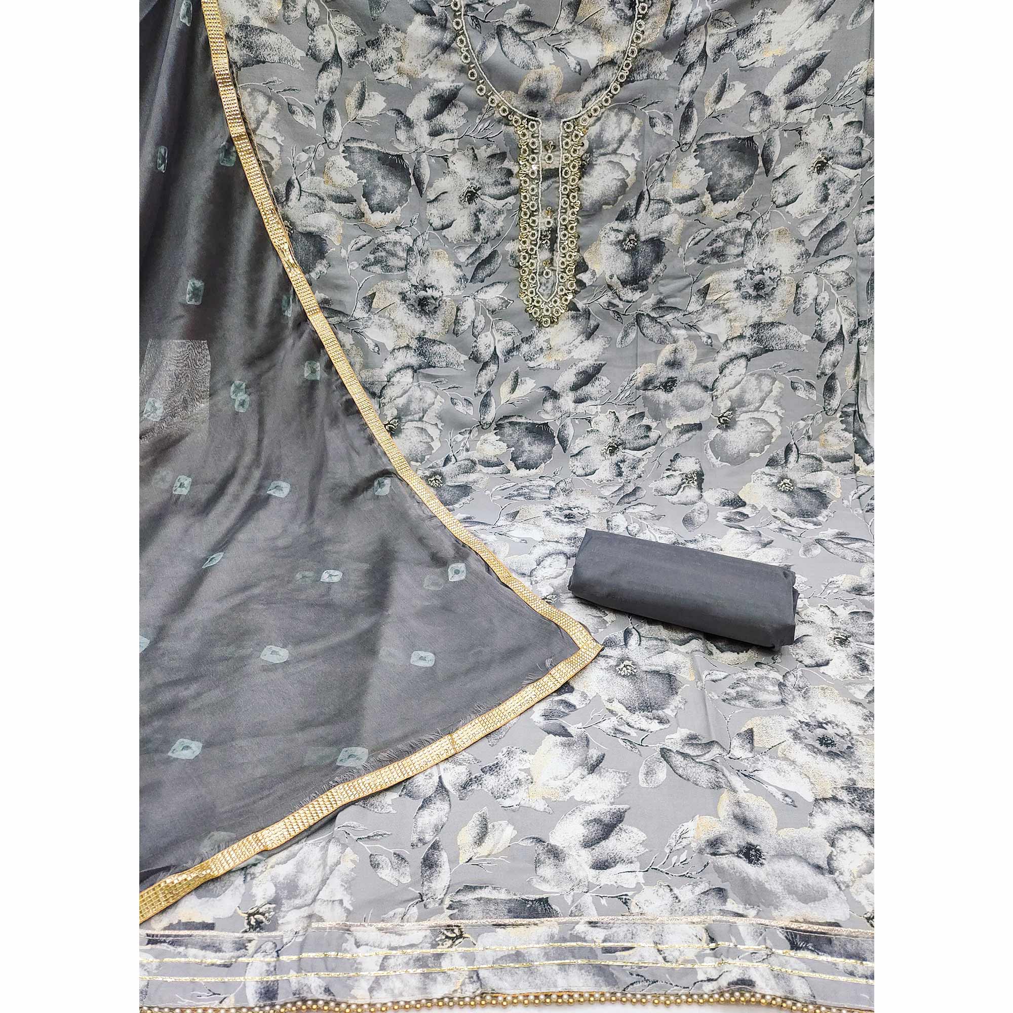 Grey Floral Printed With Handwork Pure Cotton Dress Material