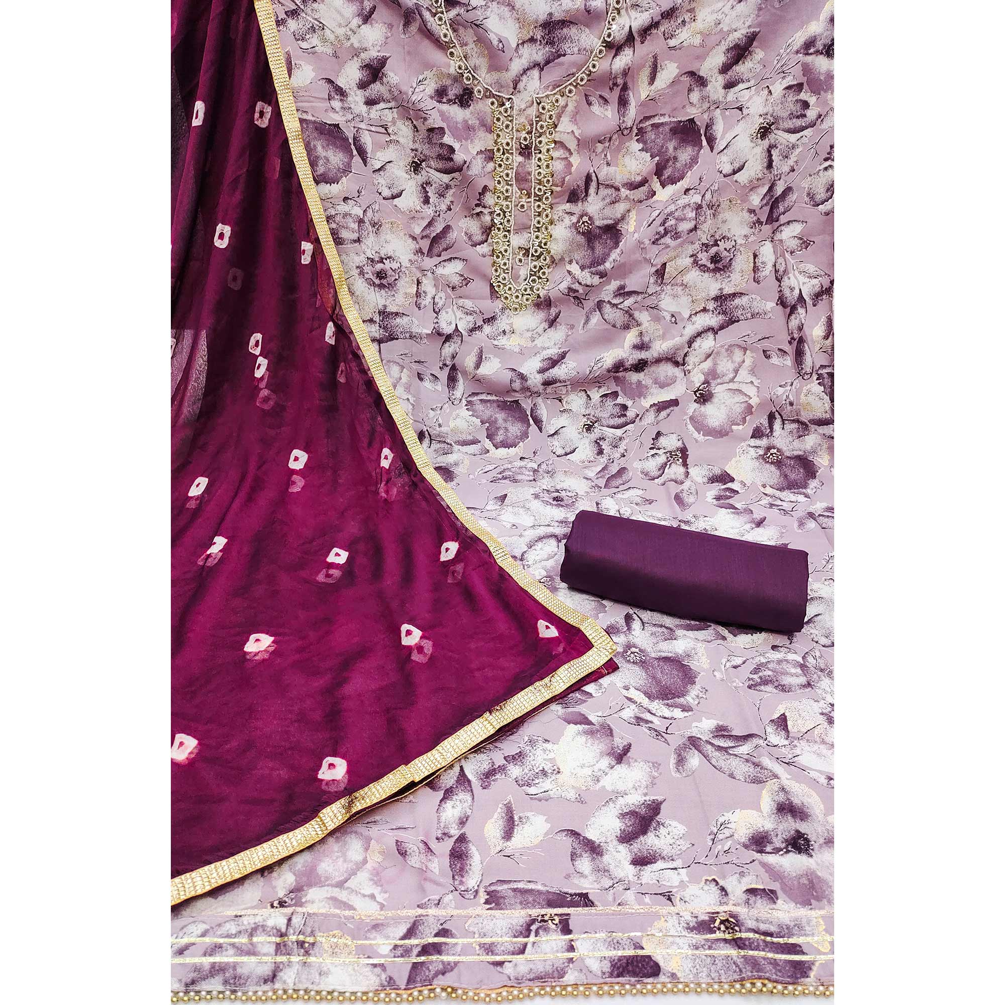 Purple Floral Printed With Handwork Pure Cotton Dress Material