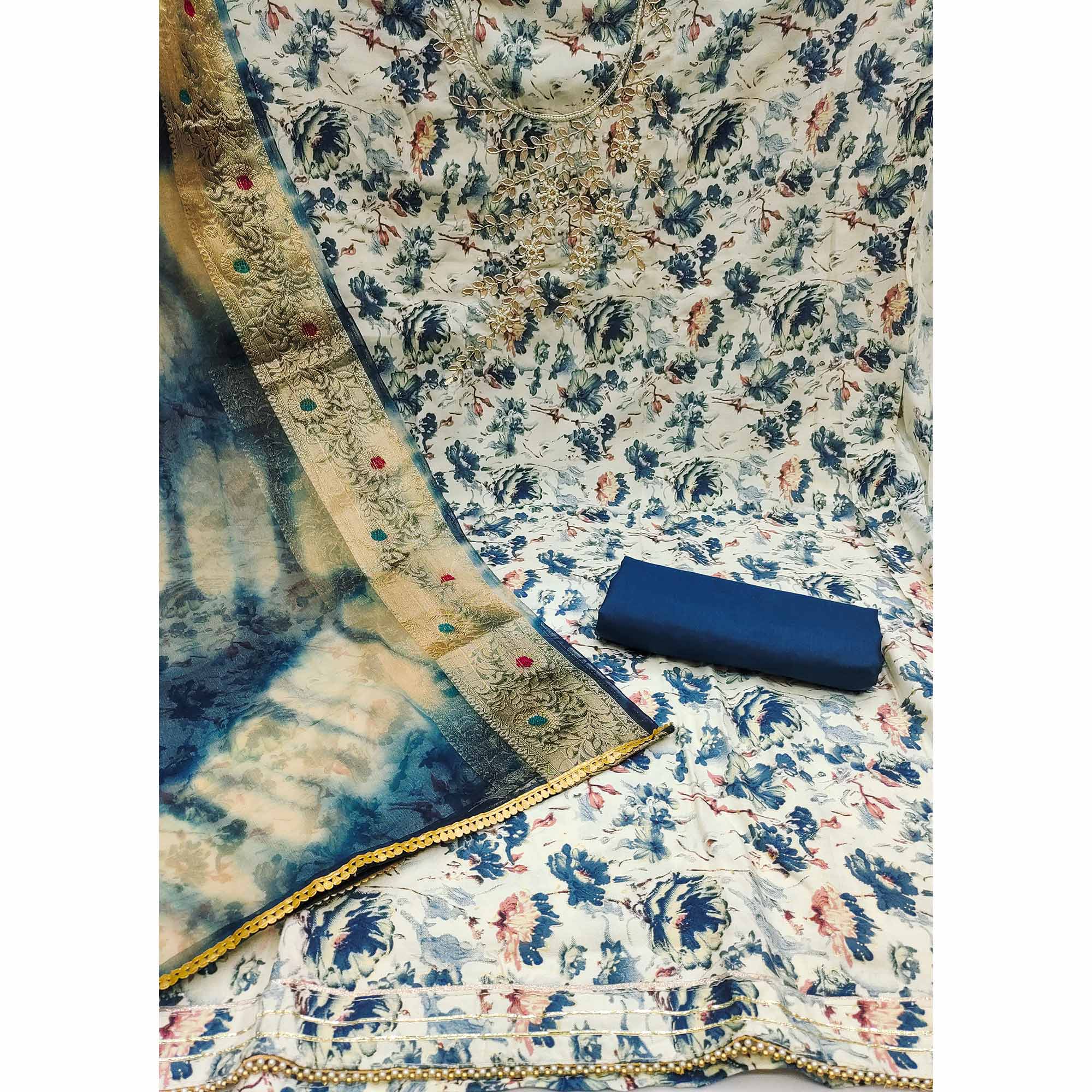 Blue Floral Printed With Handwork Pure Cotton Dress Material