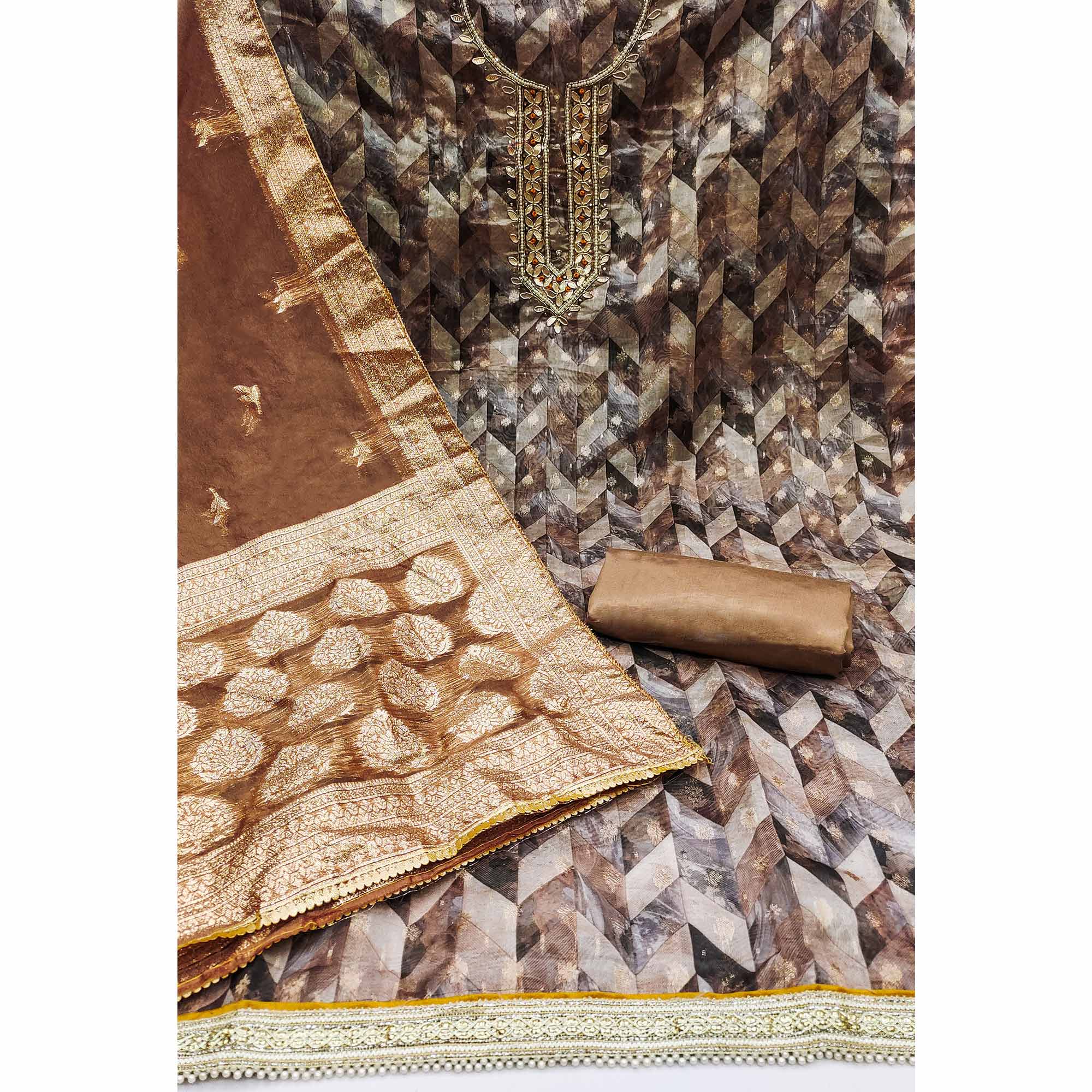 Brown Digital Printed With Woven Organza Dress Material