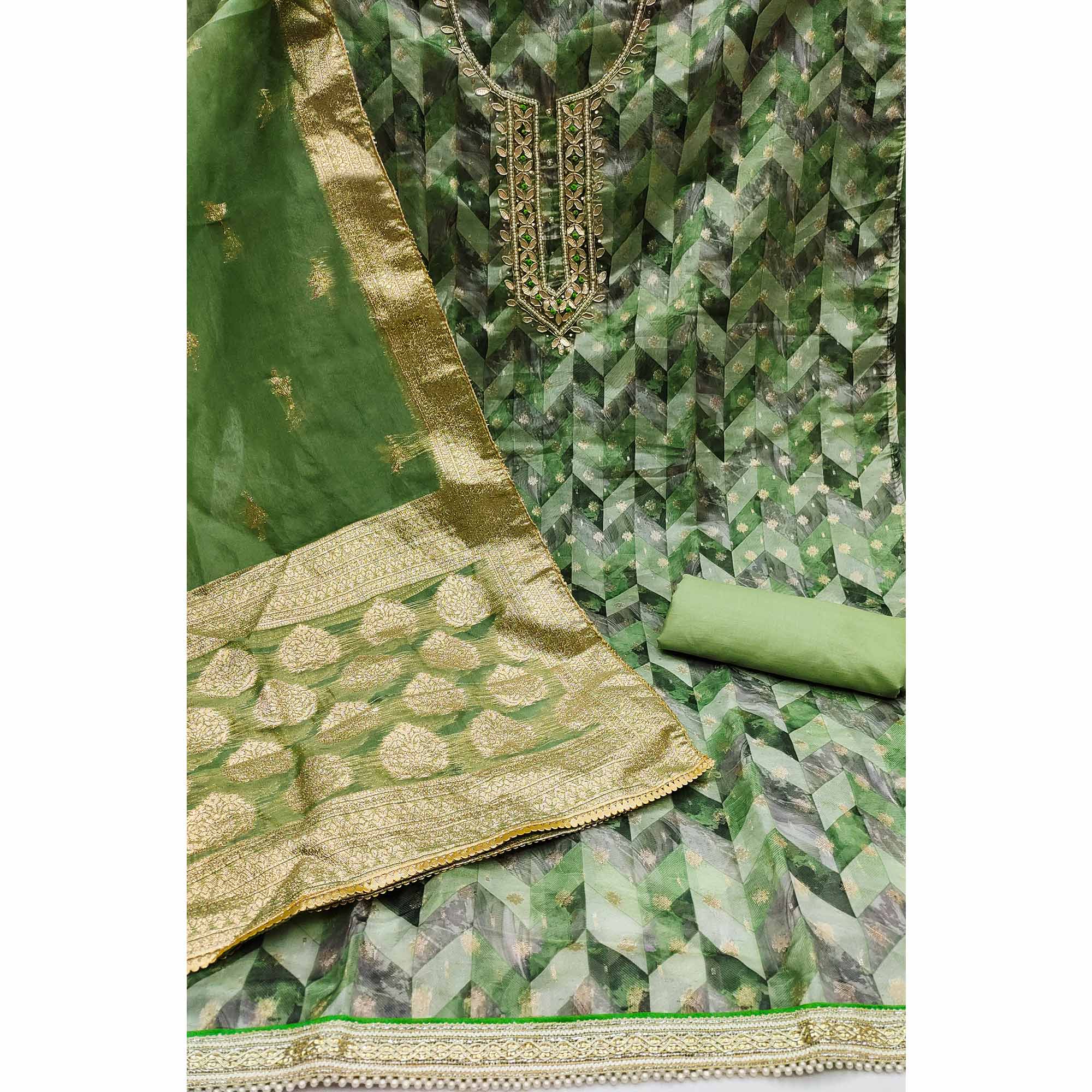 Green Digital Printed With Woven Organza Dress Material