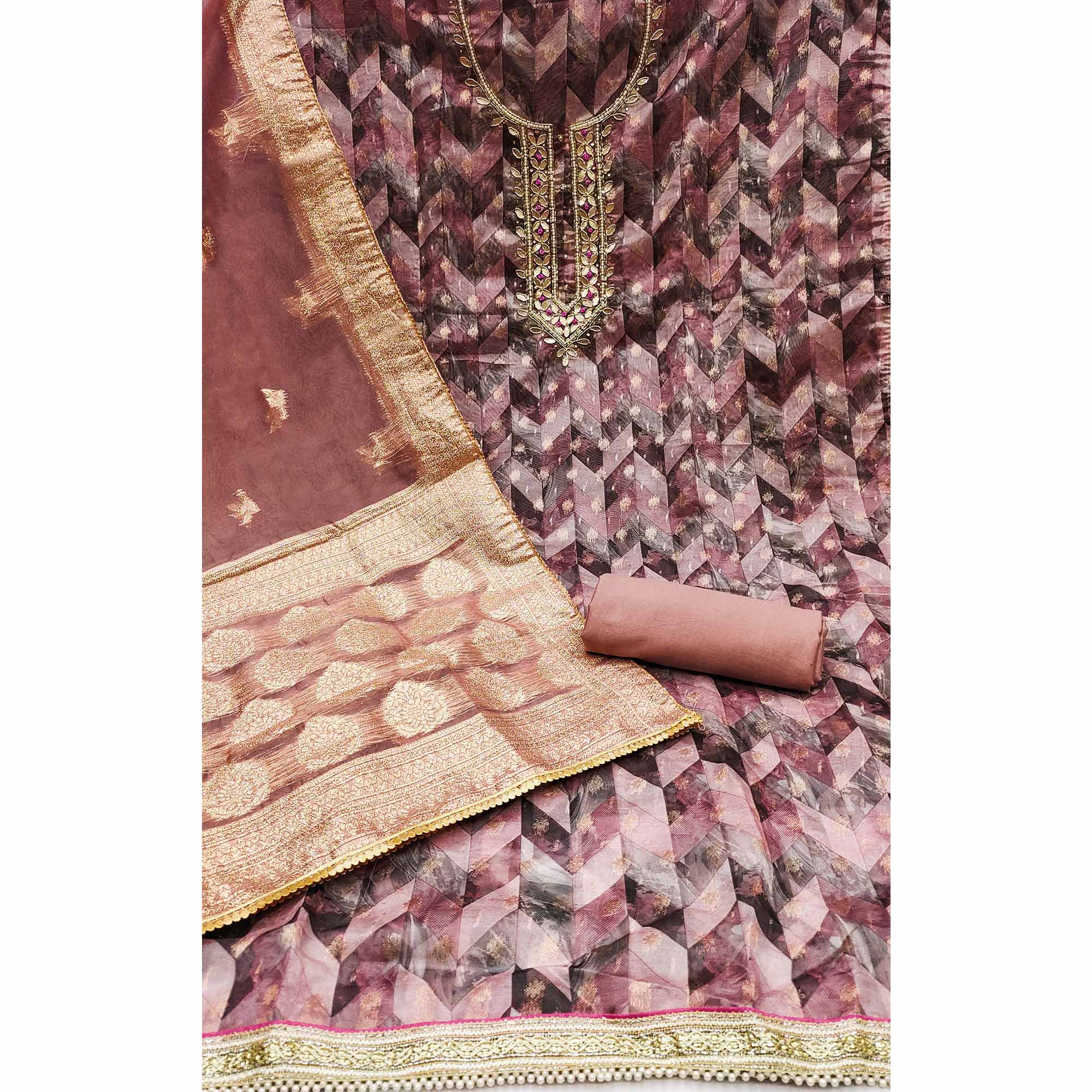 Mauve Digital Printed With Woven Organza Dress Material