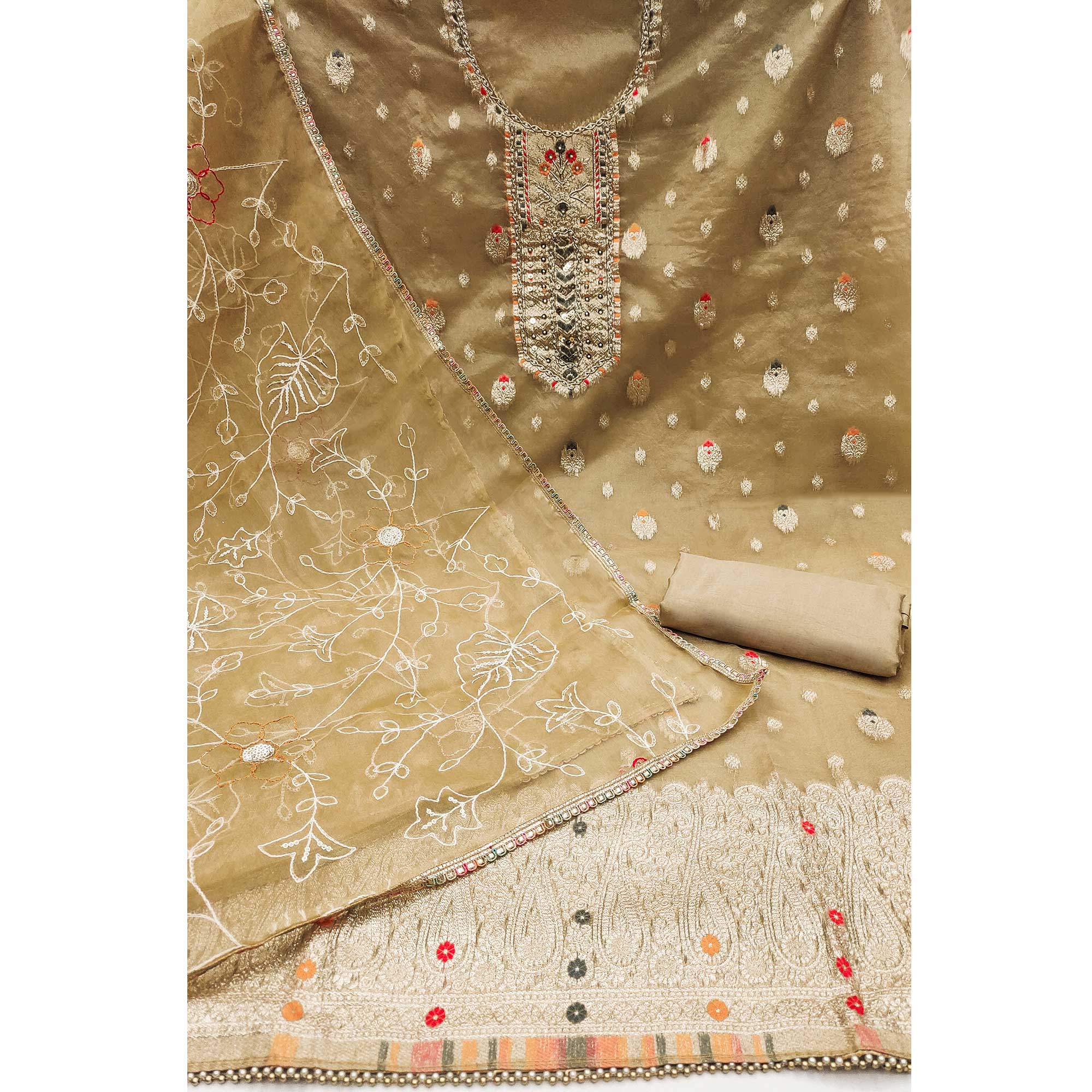Beige Woven With Handwork Organza Dress Material