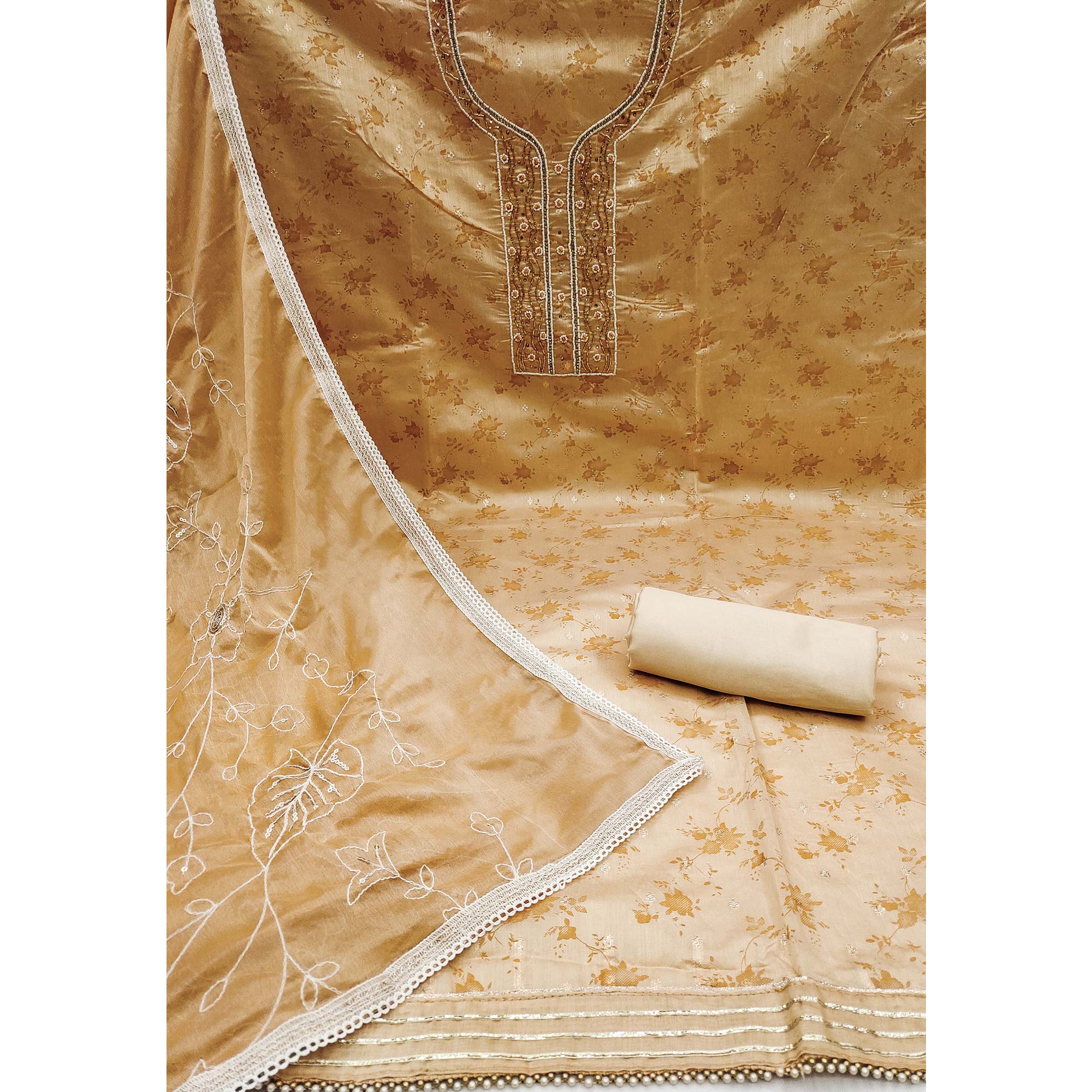 Chikoo Digital Printed With Woven Chanderi Silk Dress Material