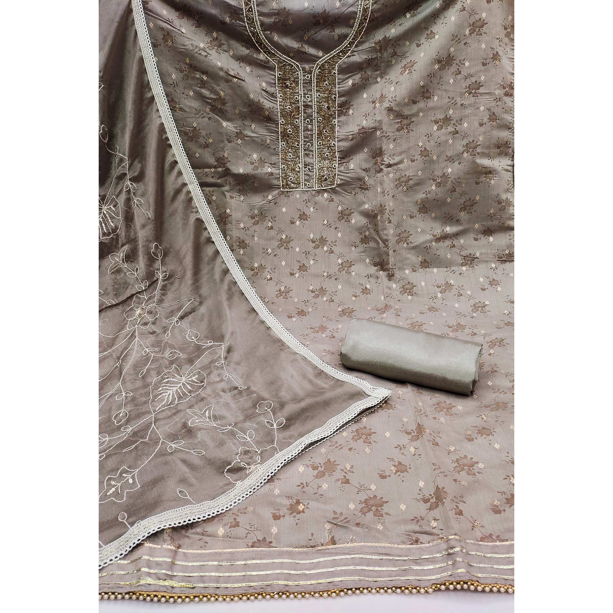 Grey Digital Printed With Woven Chanderi Silk Dress Material