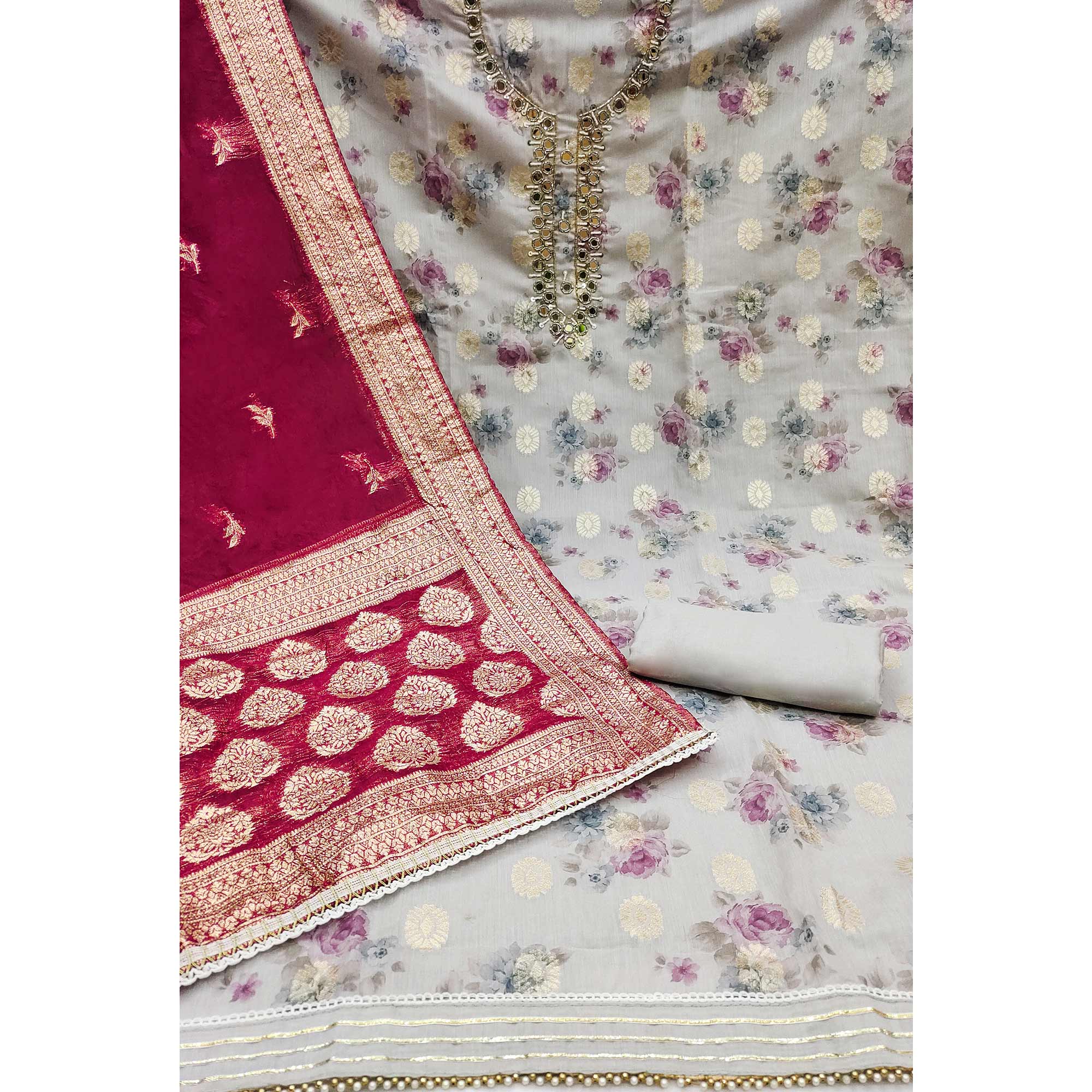 Grey Woven With Digital Printed Chanderi Silk Dress Material