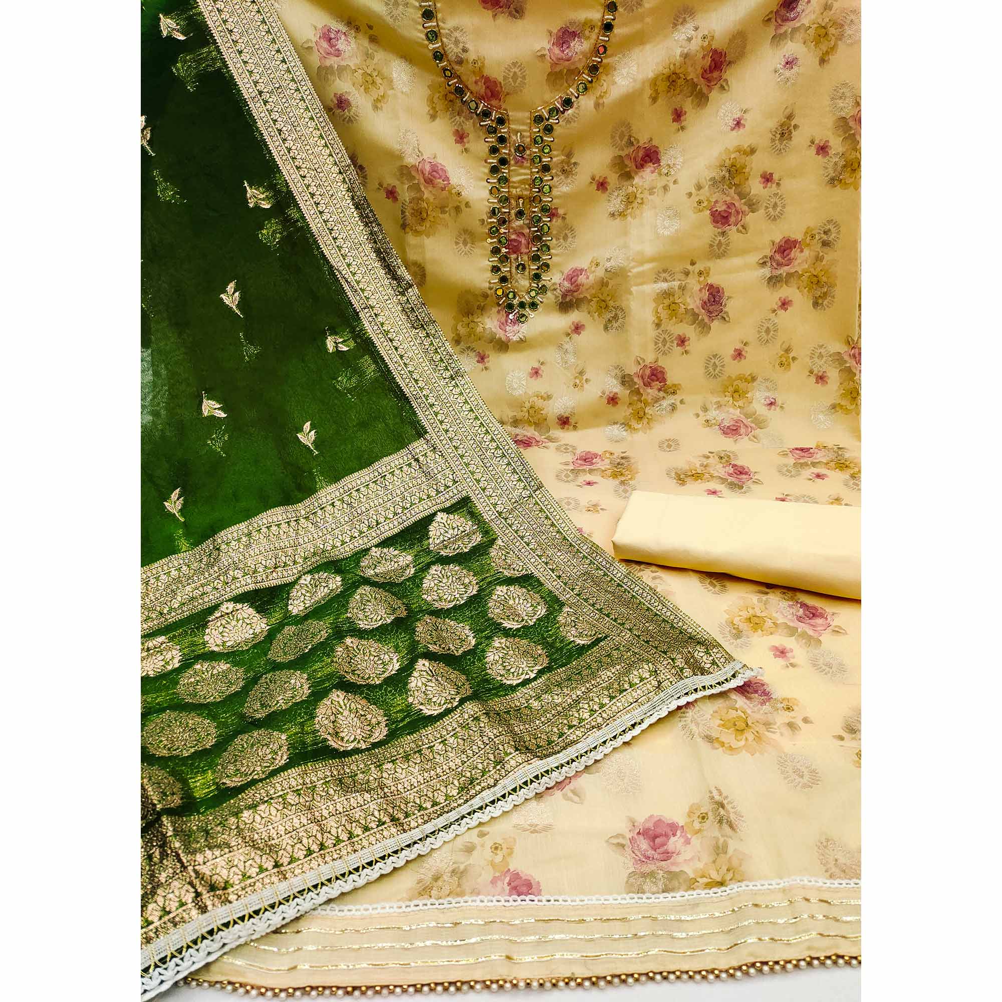Yellow Woven With Digital Printed Chanderi Silk Dress Material