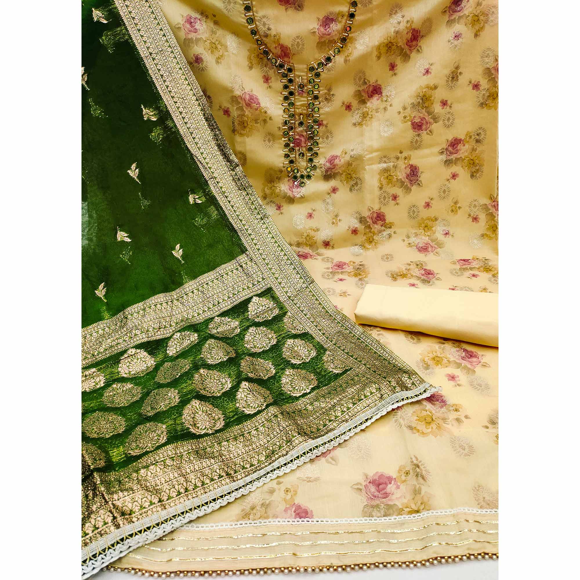 Yellow Woven With Digital Printed Chanderi Silk Dress Material