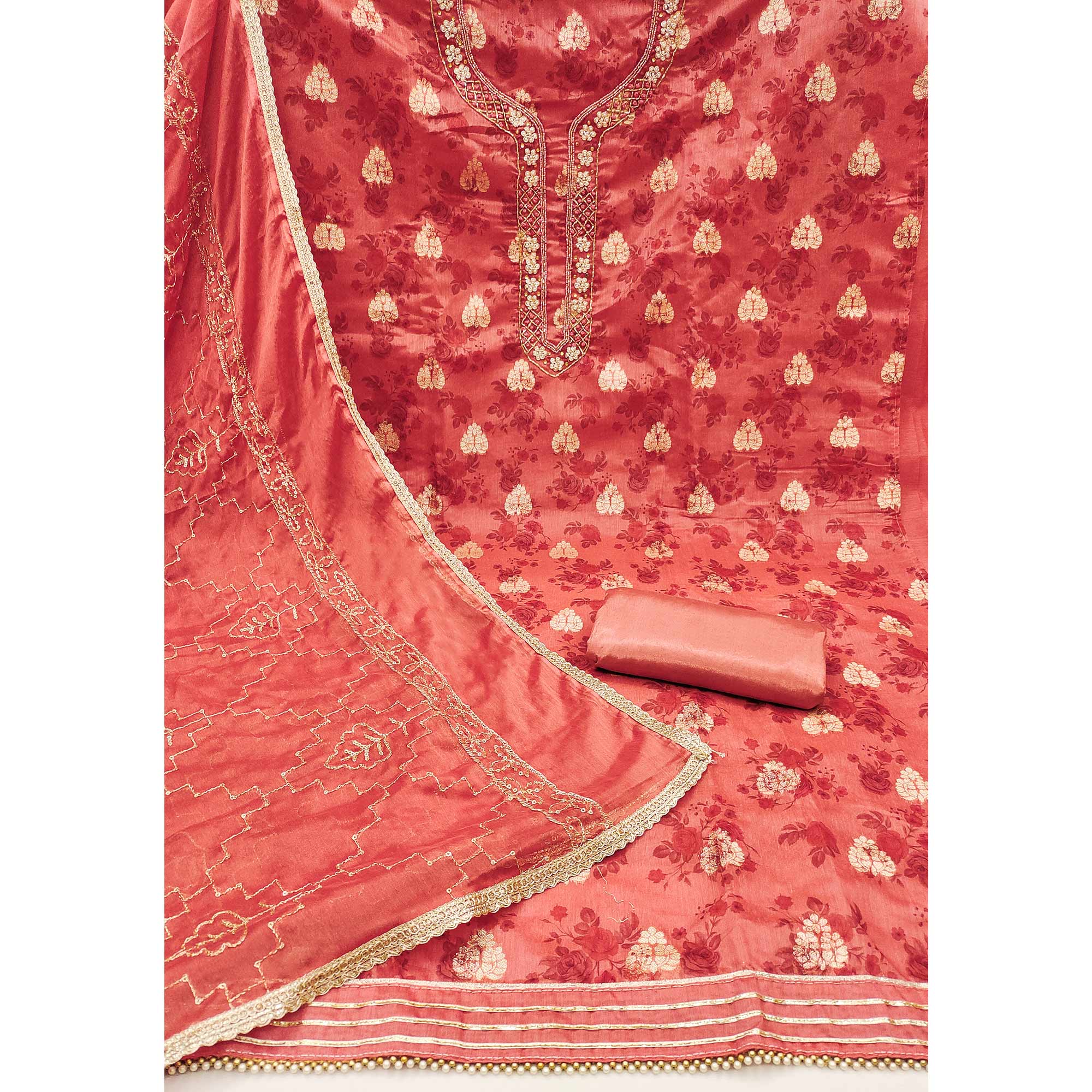 Peach Floral Printed Chanderi Silk Dress Material