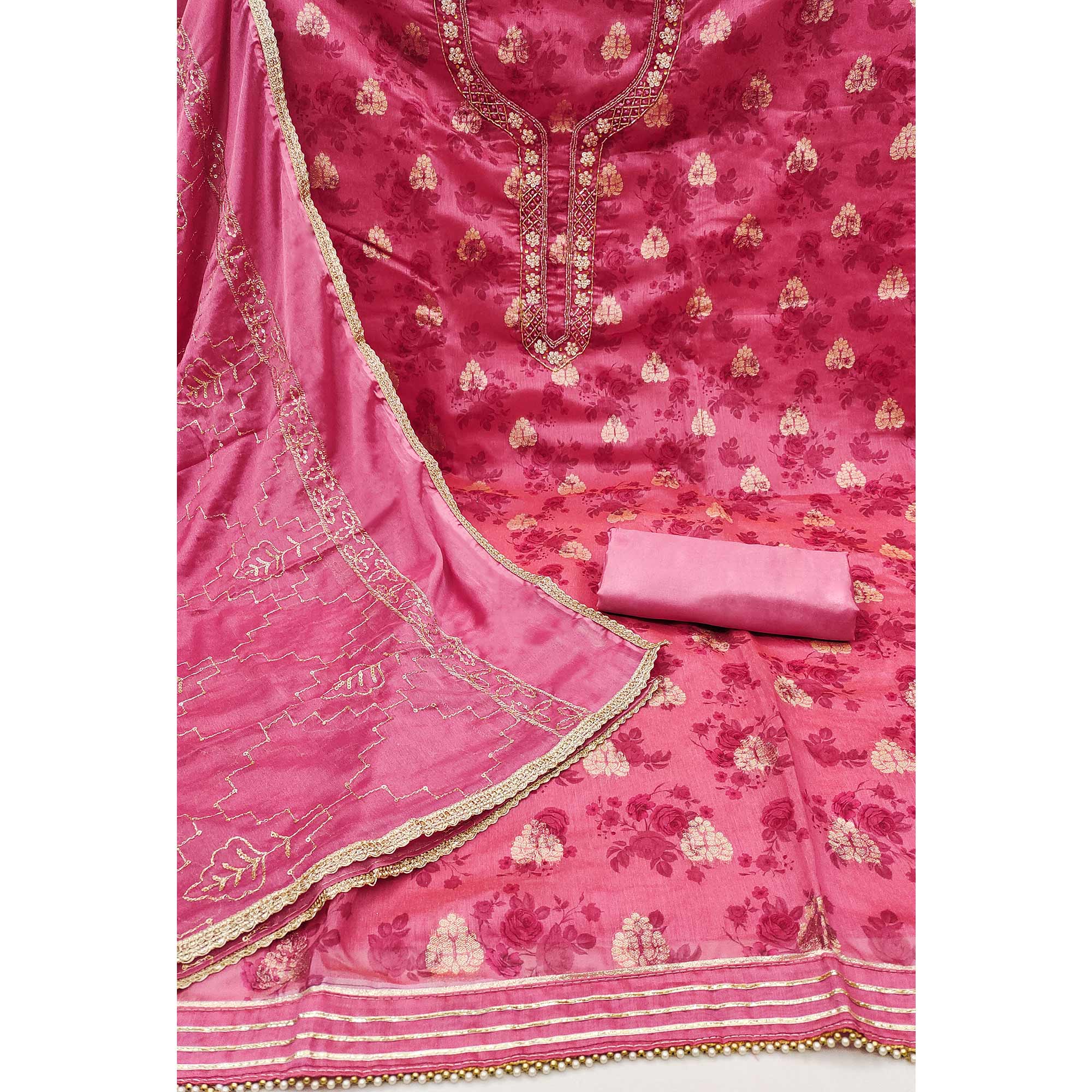Pink Floral Printed Chanderi Silk Dress Material