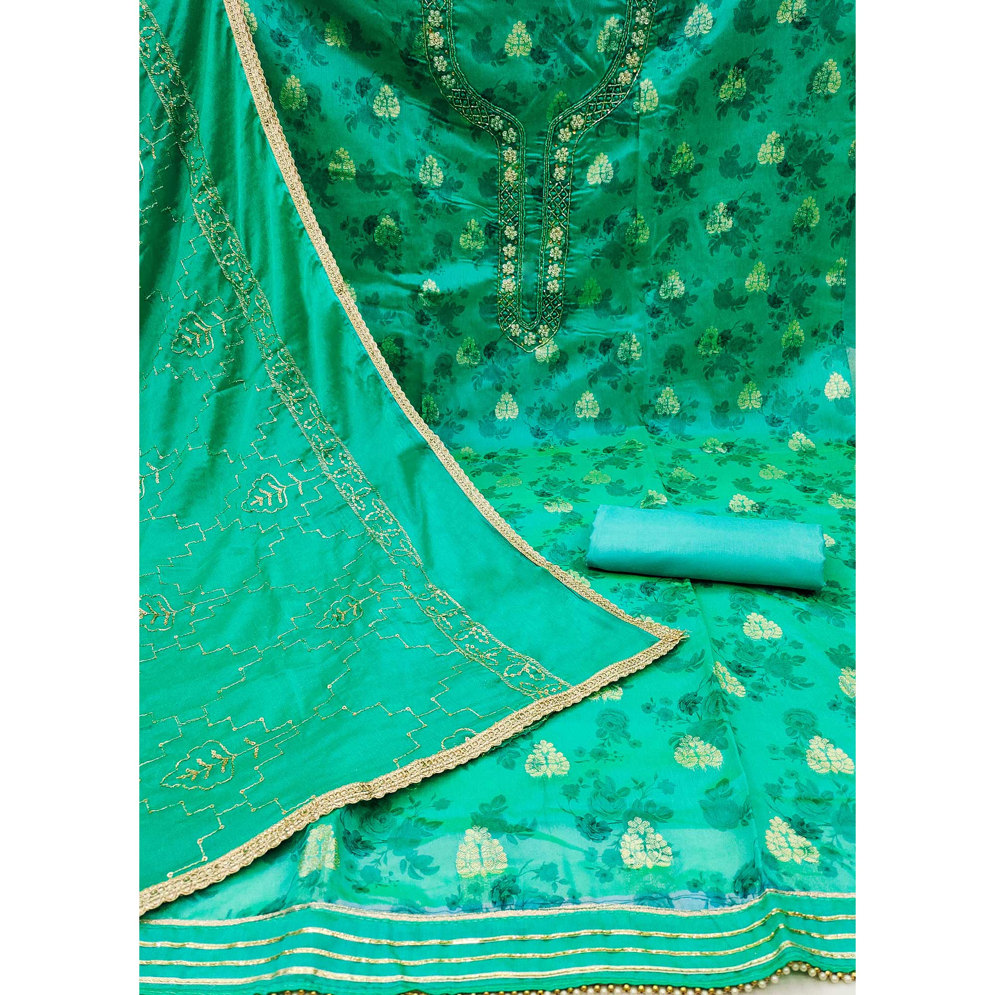 Turquoise Floral Printed Chanderi Silk Dress Material