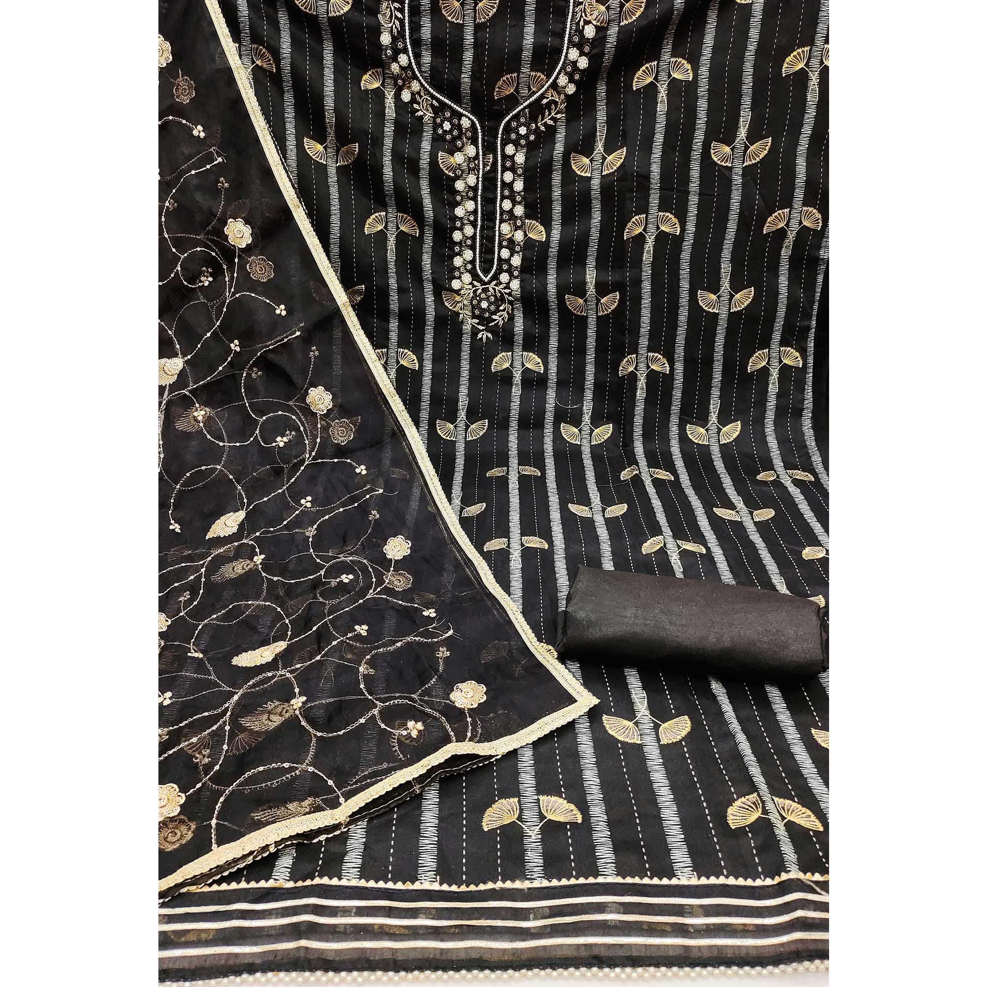 Black Foil Printed Chanderi Silk Dress Material